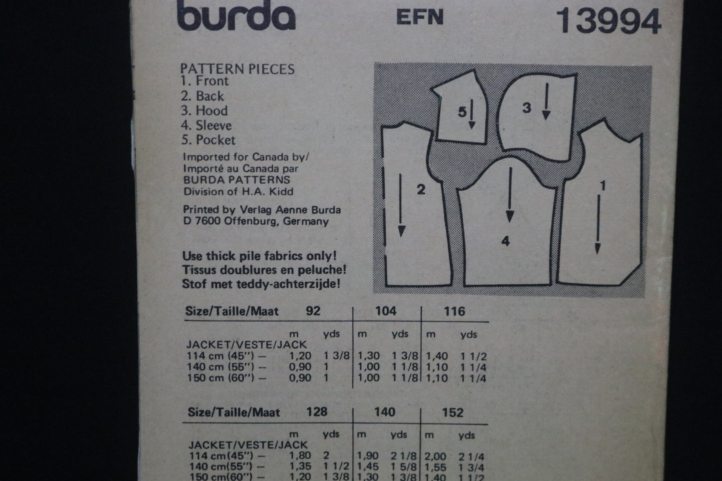 Burda 13994 Girls Coat Pattern Sewing Pattern - UNCUT Size 7 10 12