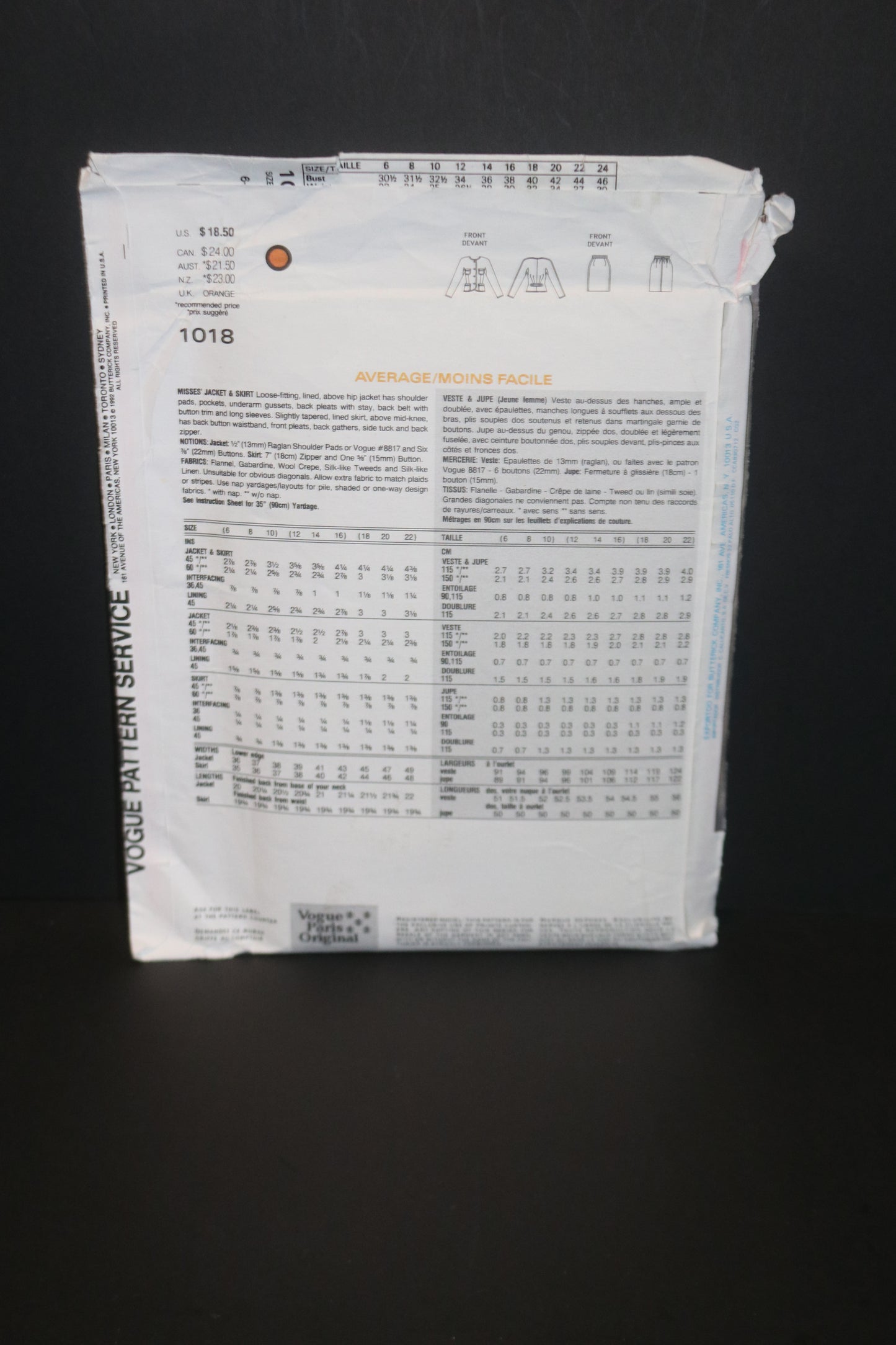 Vogue 1018 Emanuel Ungaro Misses Jacket and Skirt Sewing - UNCUT -  Size 6 8 10