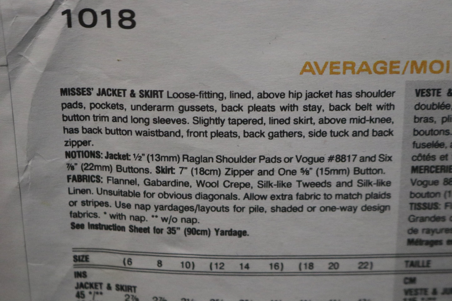 Vogue 1018 Emanuel Ungaro Misses Jacket and Skirt Sewing - UNCUT -  Size 6 8 10
