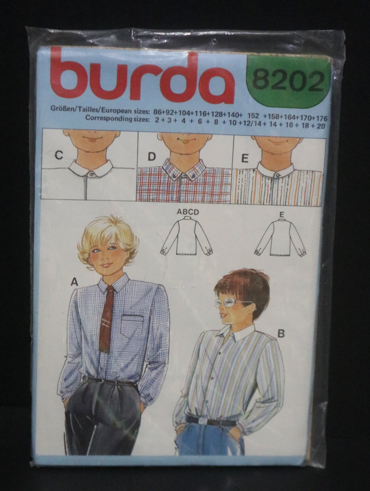 Burda 8202 Boys Shirt with Collar Variation  Sewing Pattern UNCUT Size 2 3 4 6 8 10 12/14 14 16 18 20