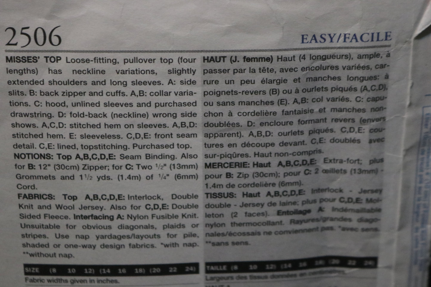 Vogue 2506 Misses Top Sewing Pattern - UNCUT - Size 8 10 12