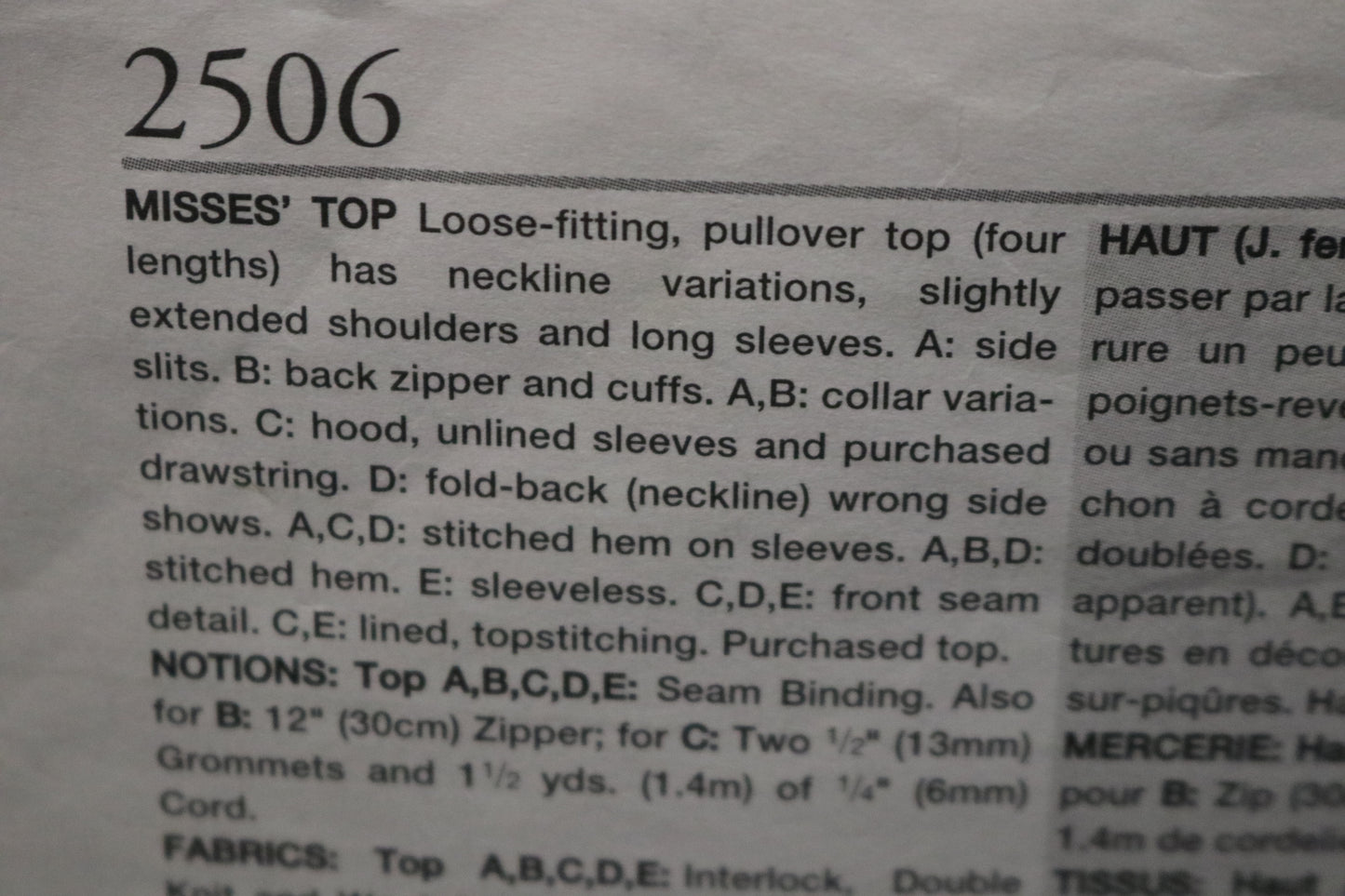 Vogue 2506 Misses Top Sewing Pattern - UNCUT - Size 8 10 12