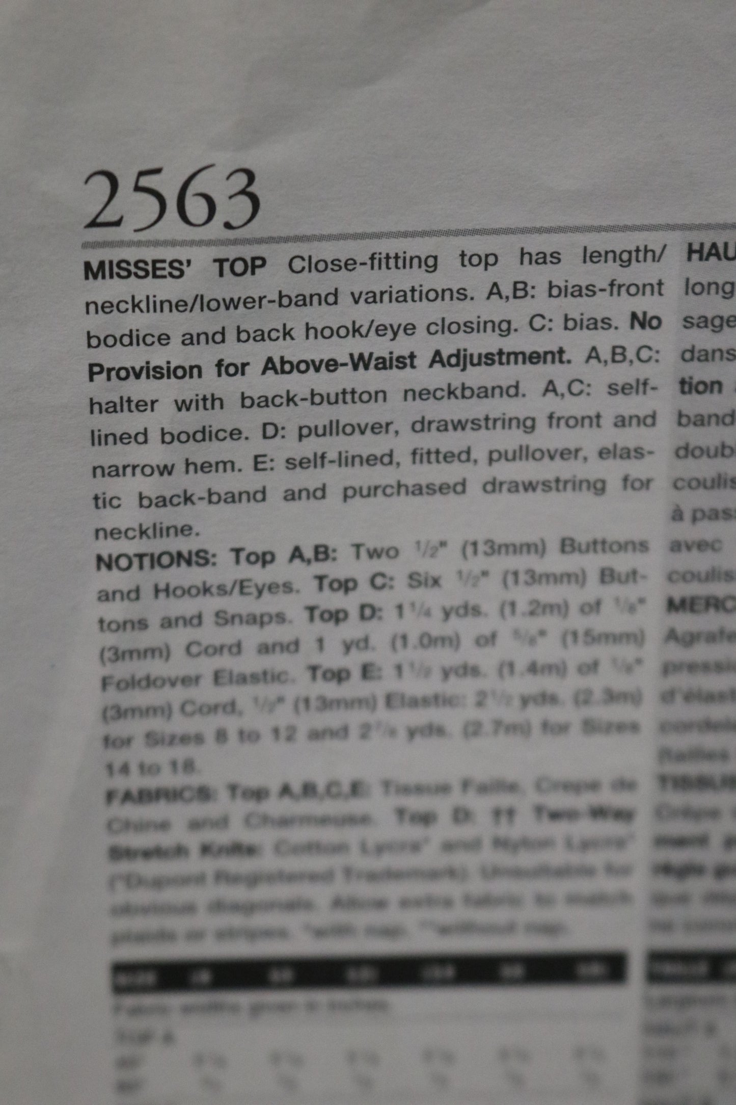 Vogue 2563 Misses Top Sewing Pattern - UNCUT - Size 14 16 18