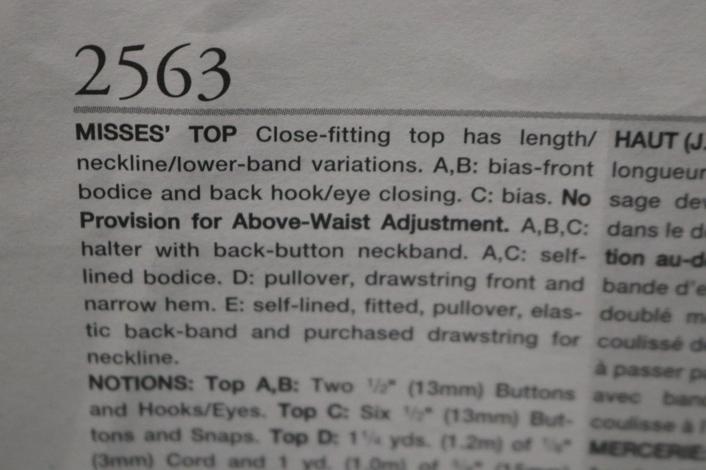 Vogue 2563 Misses Top Sewing Pattern - UNCUT - Size 14 16 18