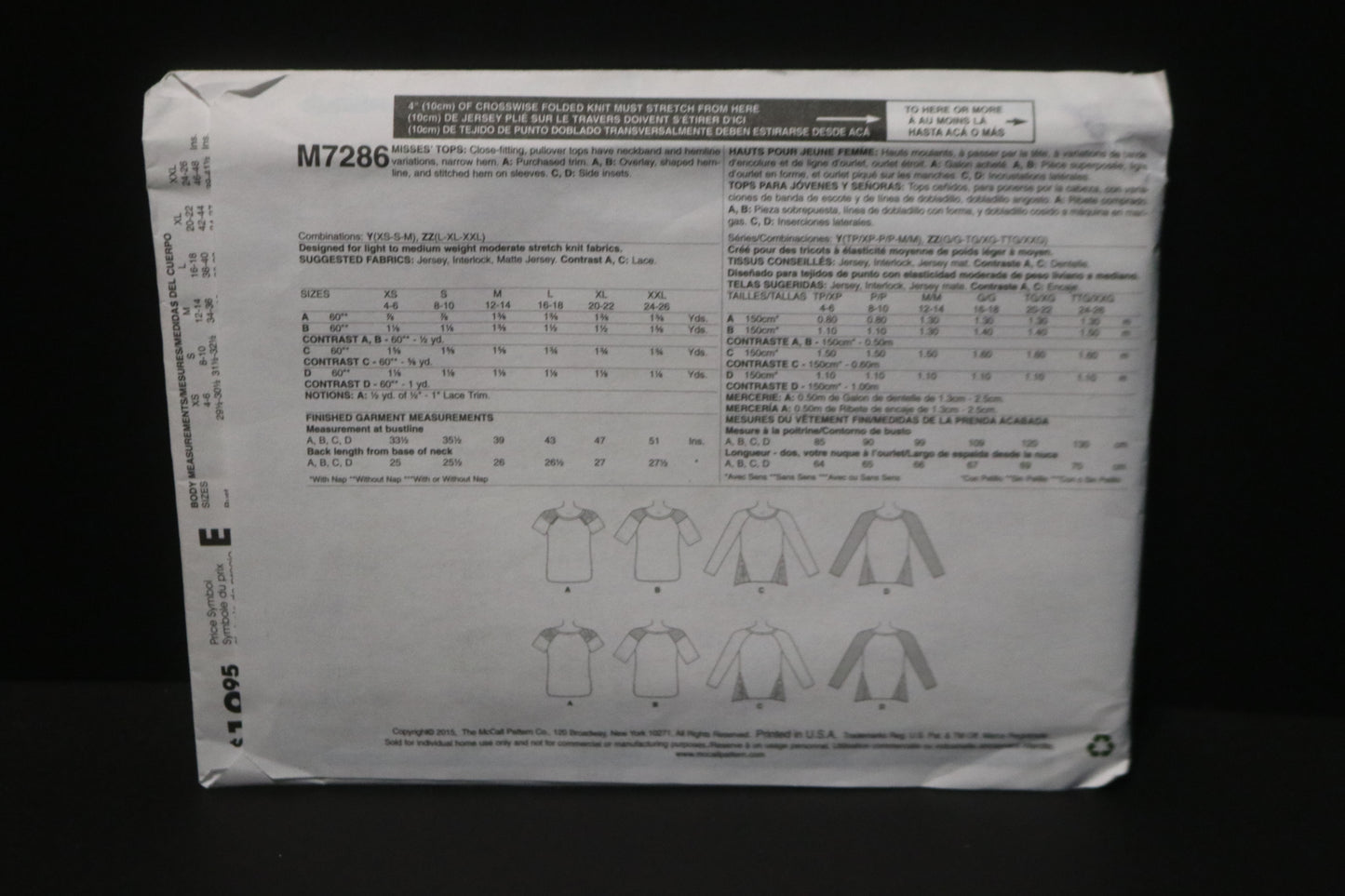 McCalls 7286 Misses Tops Sewing Pattern - UNCUT - Size Xsm Sml Med