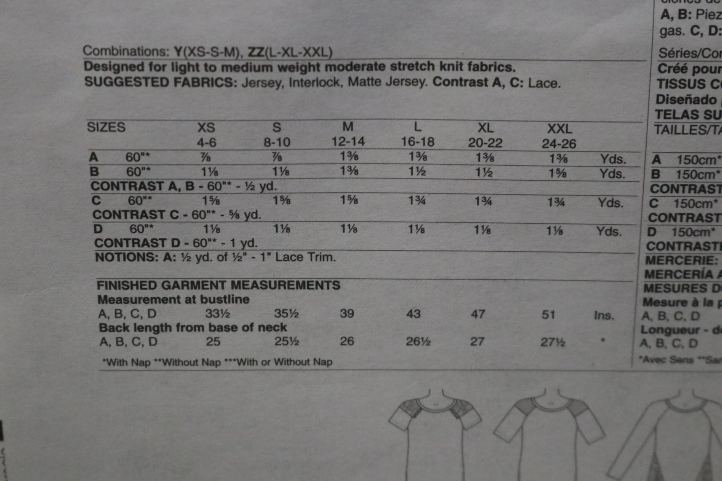 McCalls 7286 Misses Tops Sewing Pattern - UNCUT - Size Xsm Sml Med