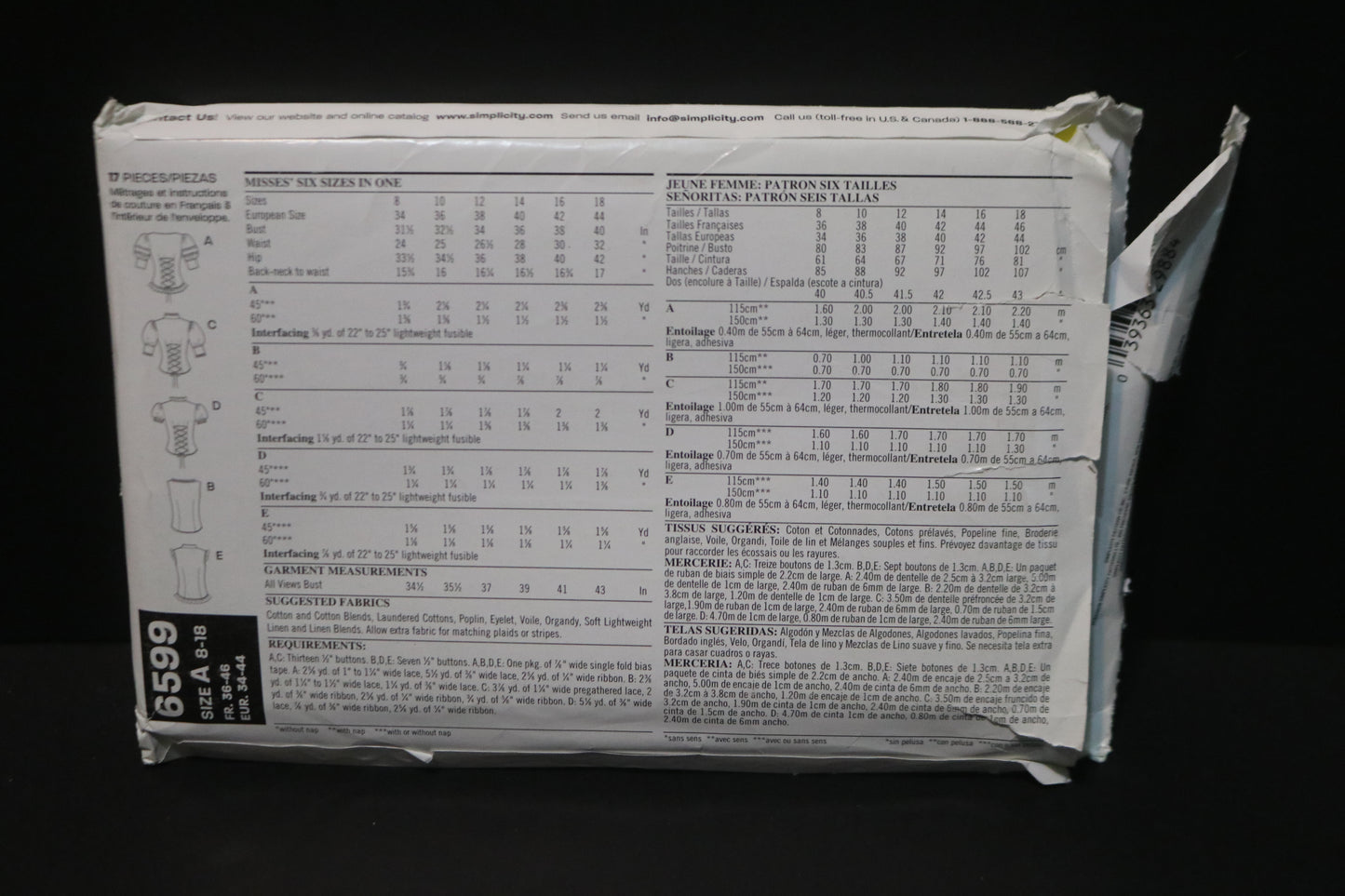 New Look 6599 Misses Blouse Sewing Pattern UNCUT - Size 8 - 18