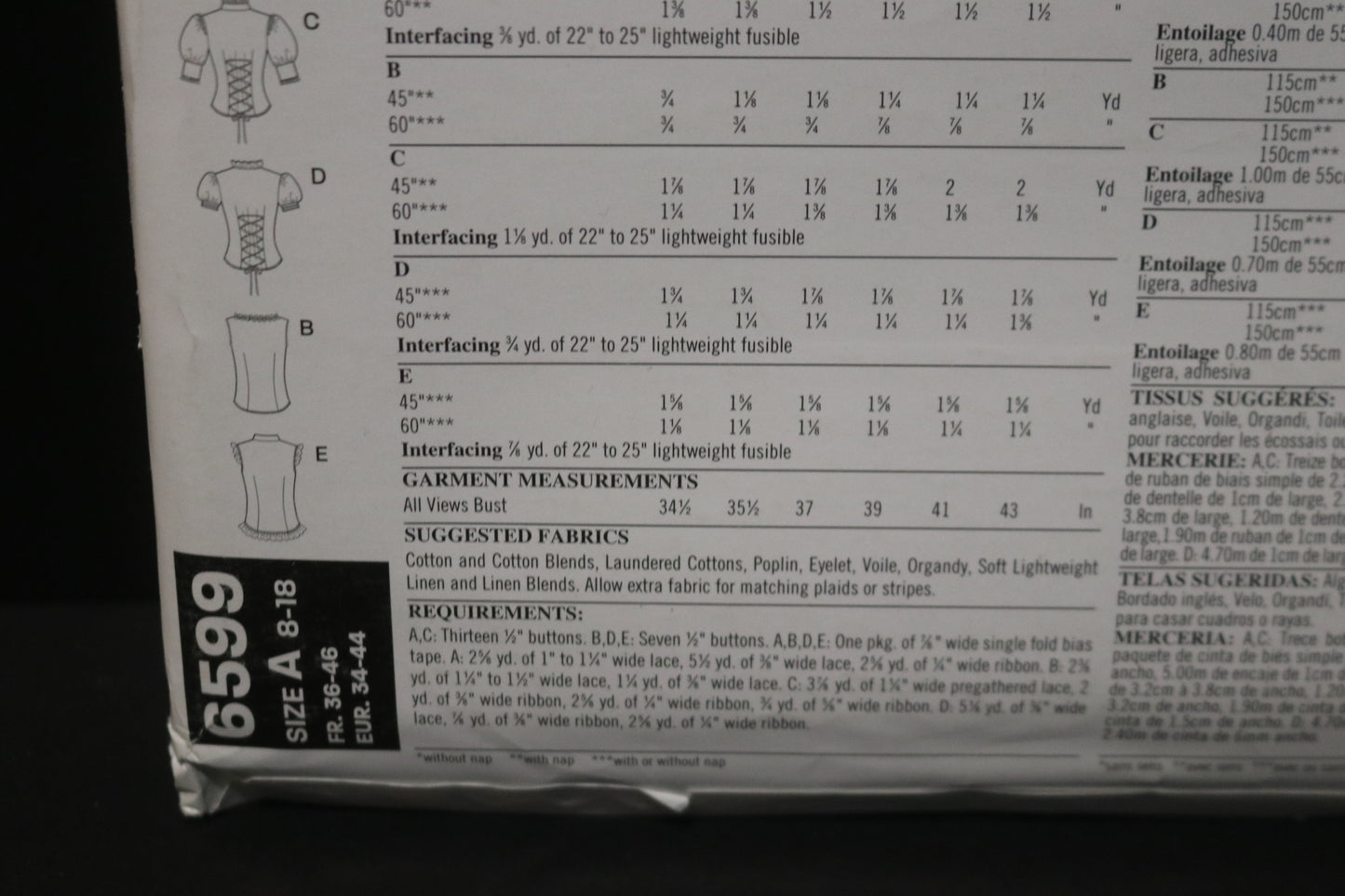 New Look 6599 Misses Blouse Sewing Pattern UNCUT - Size 8 - 18
