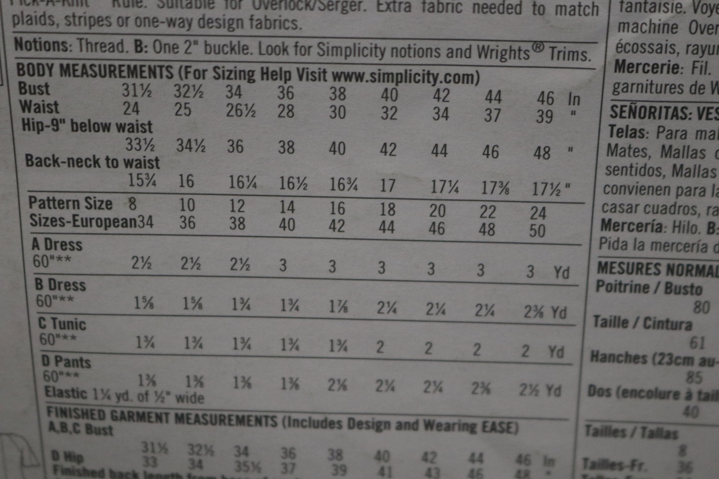 Simplicity 2369 Misses Knit Dress in Two Lengths or Tunic and Pants Sewing Pattern UNCUT Size 8 10 12 14 16