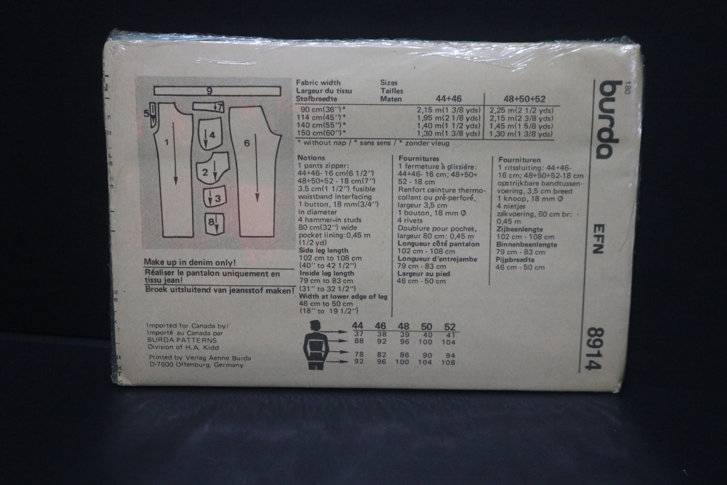Burda 8914 Mens Jeans Pants Sewing Pattern - UNCUT Size 34 36 38 40 42