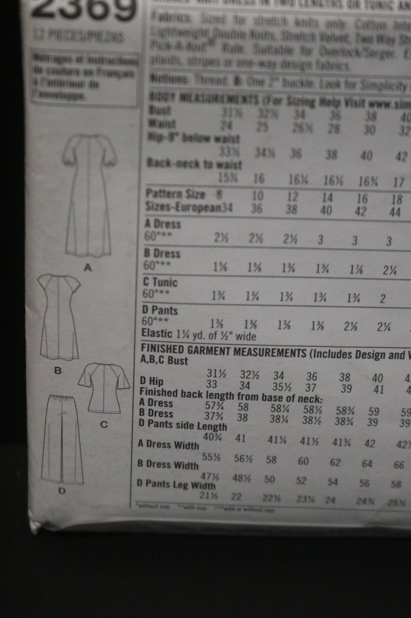 Simplicity 2369 Misses Knit Dress in Two Lengths or Tunic and Pants Sewing Pattern UNCUT Size 8 10 12 14 16