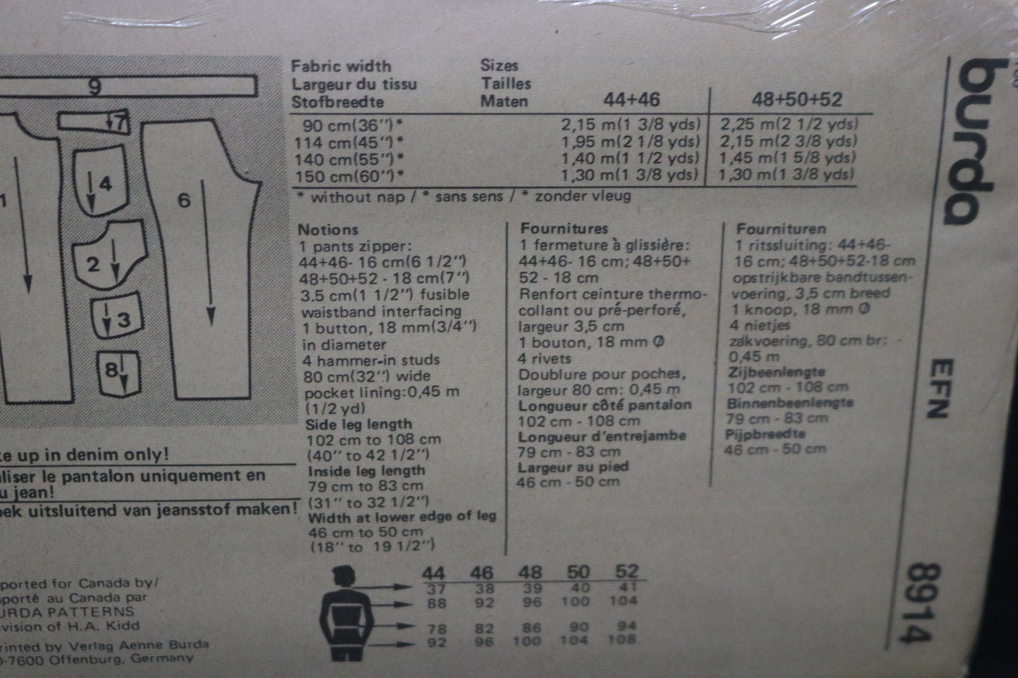 Burda 8914 Mens Jeans Pants Sewing Pattern - UNCUT Size 34 36 38 40 42
