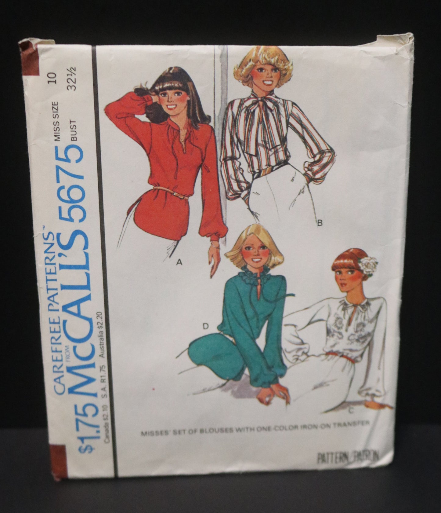McCalls 5675 Misses Set of Blouses with One-Color Iron-On Transfer Sewing Pattern UNCUT - Size 10 Bust 32 1/2