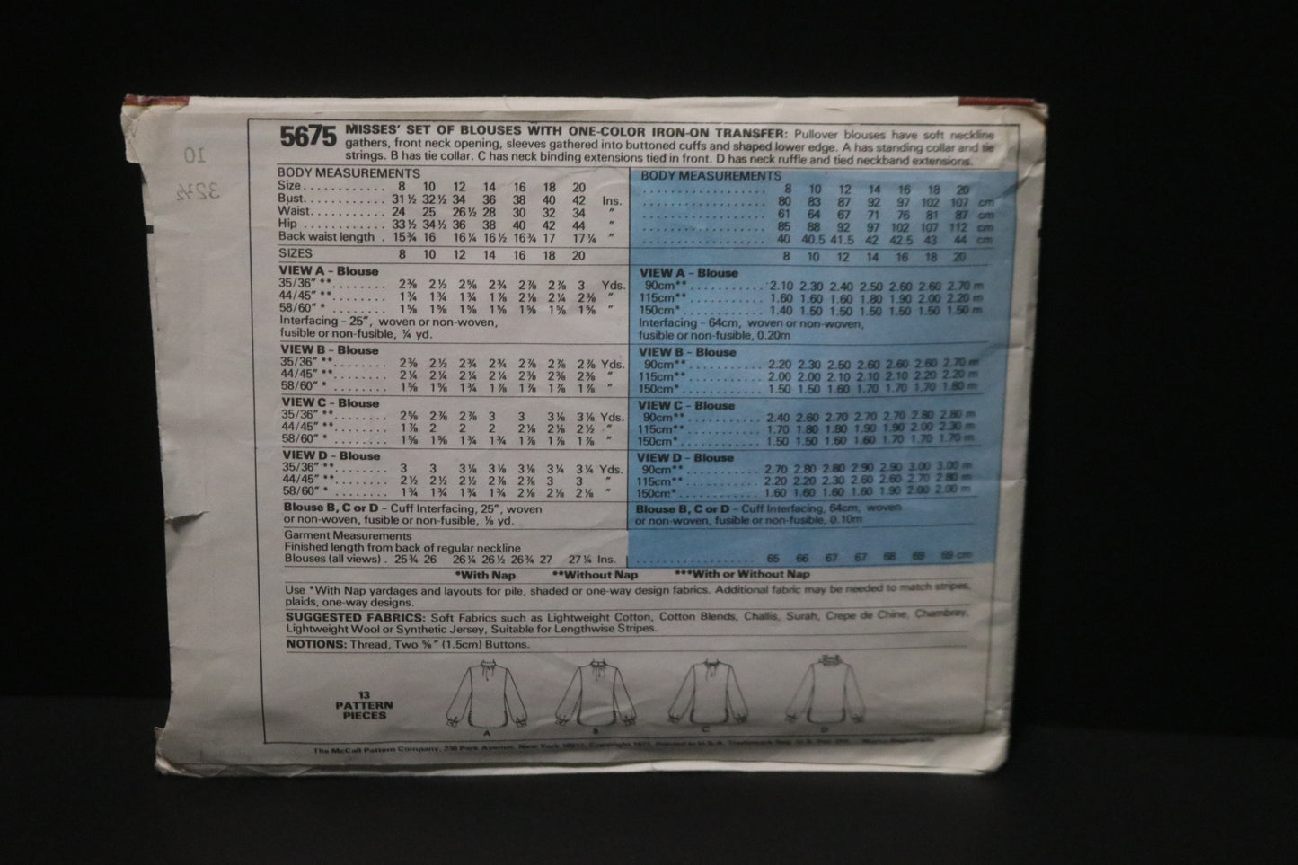 McCalls 5675 Misses Set of Blouses with One-Color Iron-On Transfer Sewing Pattern UNCUT - Size 10 Bust 32 1/2