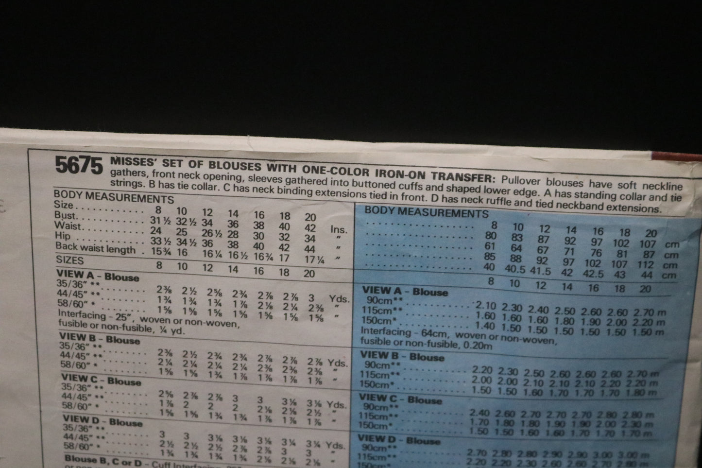 McCalls 5675 Misses Set of Blouses with One-Color Iron-On Transfer Sewing Pattern UNCUT - Size 10 Bust 32 1/2