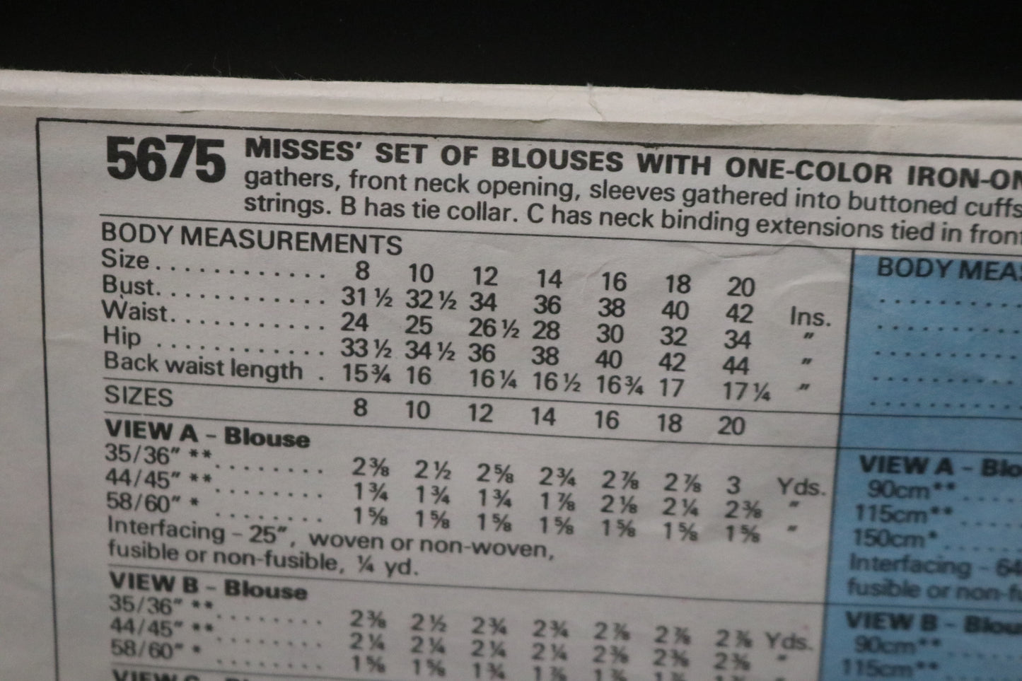 McCalls 5675 Misses Set of Blouses with One-Color Iron-On Transfer Sewing Pattern UNCUT - Size 10 Bust 32 1/2