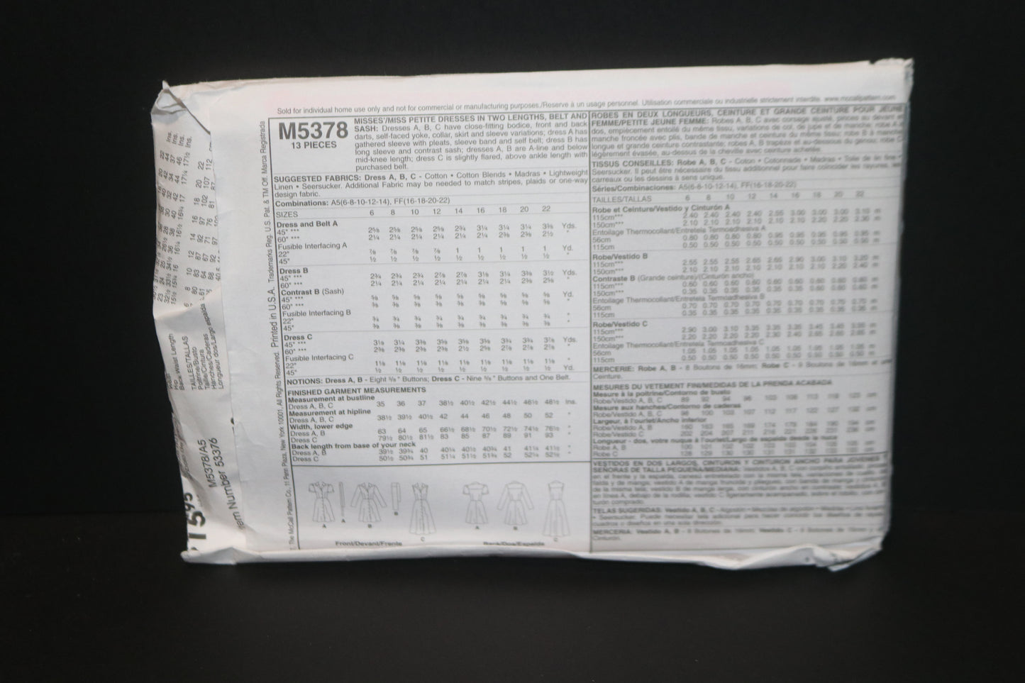 McCalls 5378 Misses / Miss Petite Dresses in Two Lengths Belt and Sash Sewing Pattern - UNCUT - Size 6 8 10 12 14