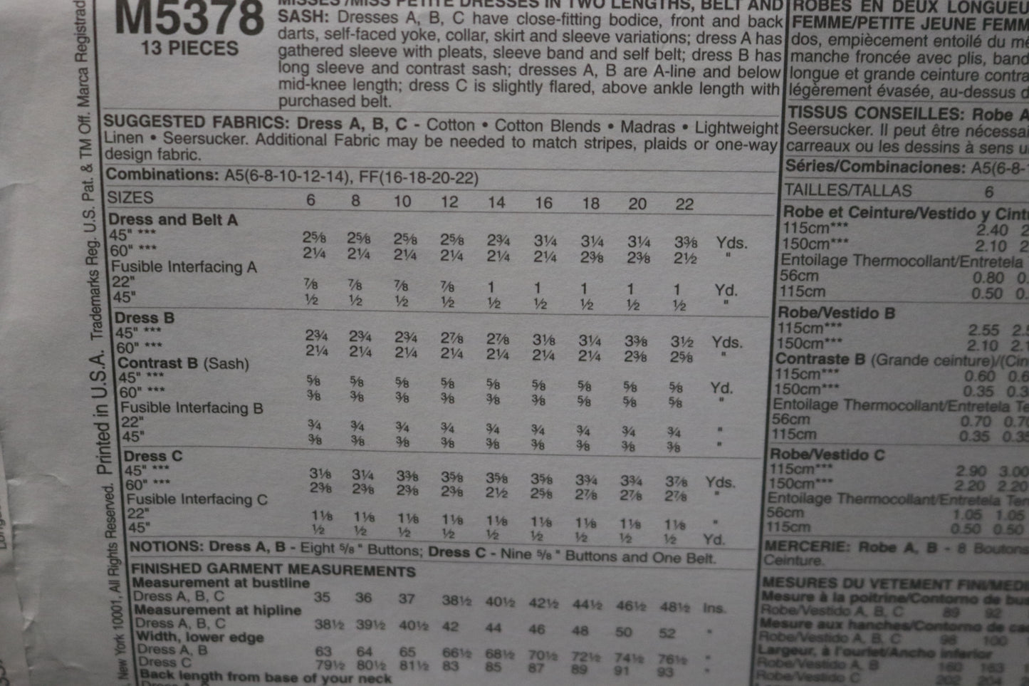 McCalls 5378 Misses / Miss Petite Dresses in Two Lengths Belt and Sash Sewing Pattern - UNCUT - Size 6 8 10 12 14