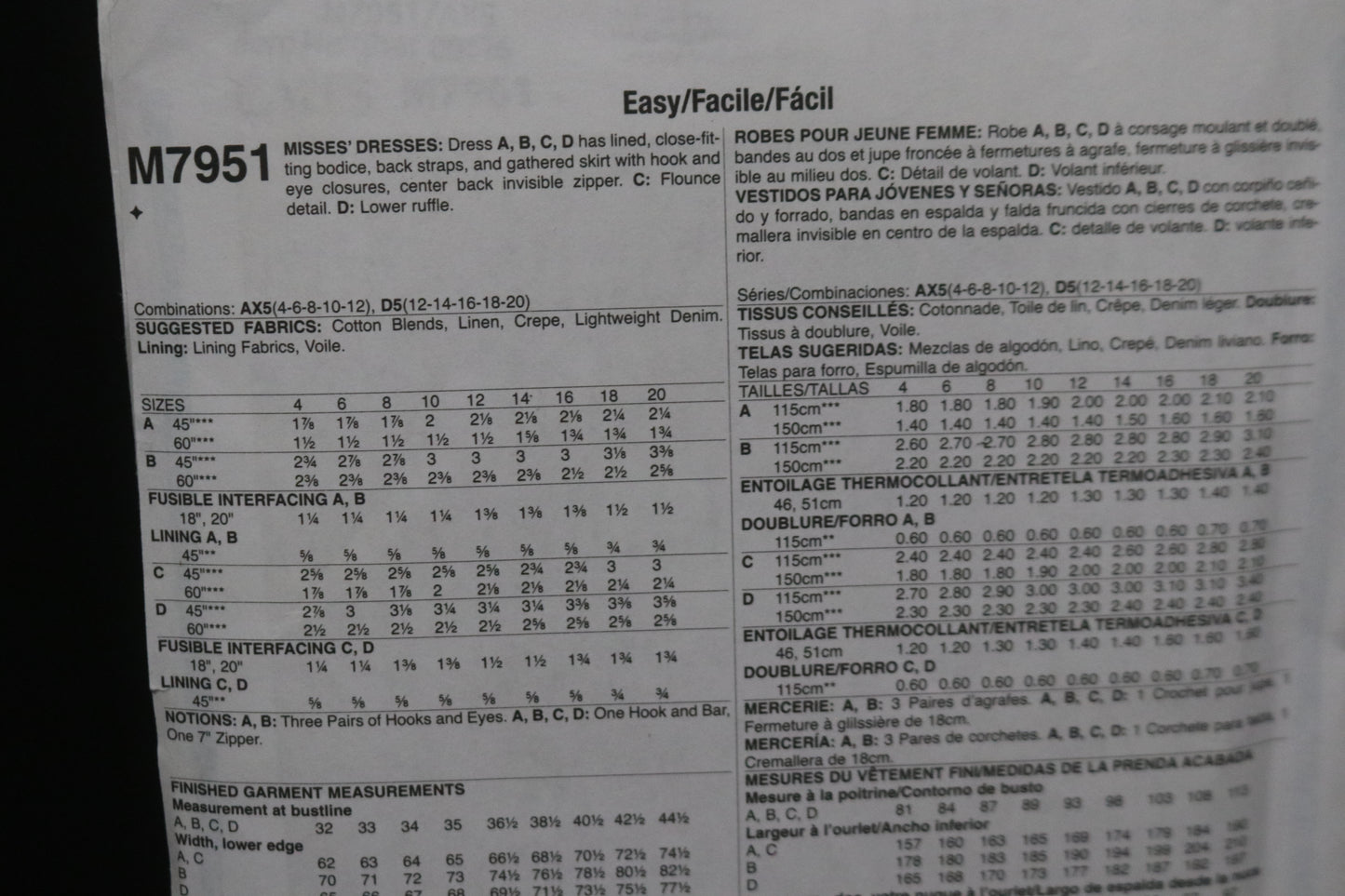 McCalls 7951 Misses Dresses Sewing Pattern - UNCUT - Size 4 6 8 10 12