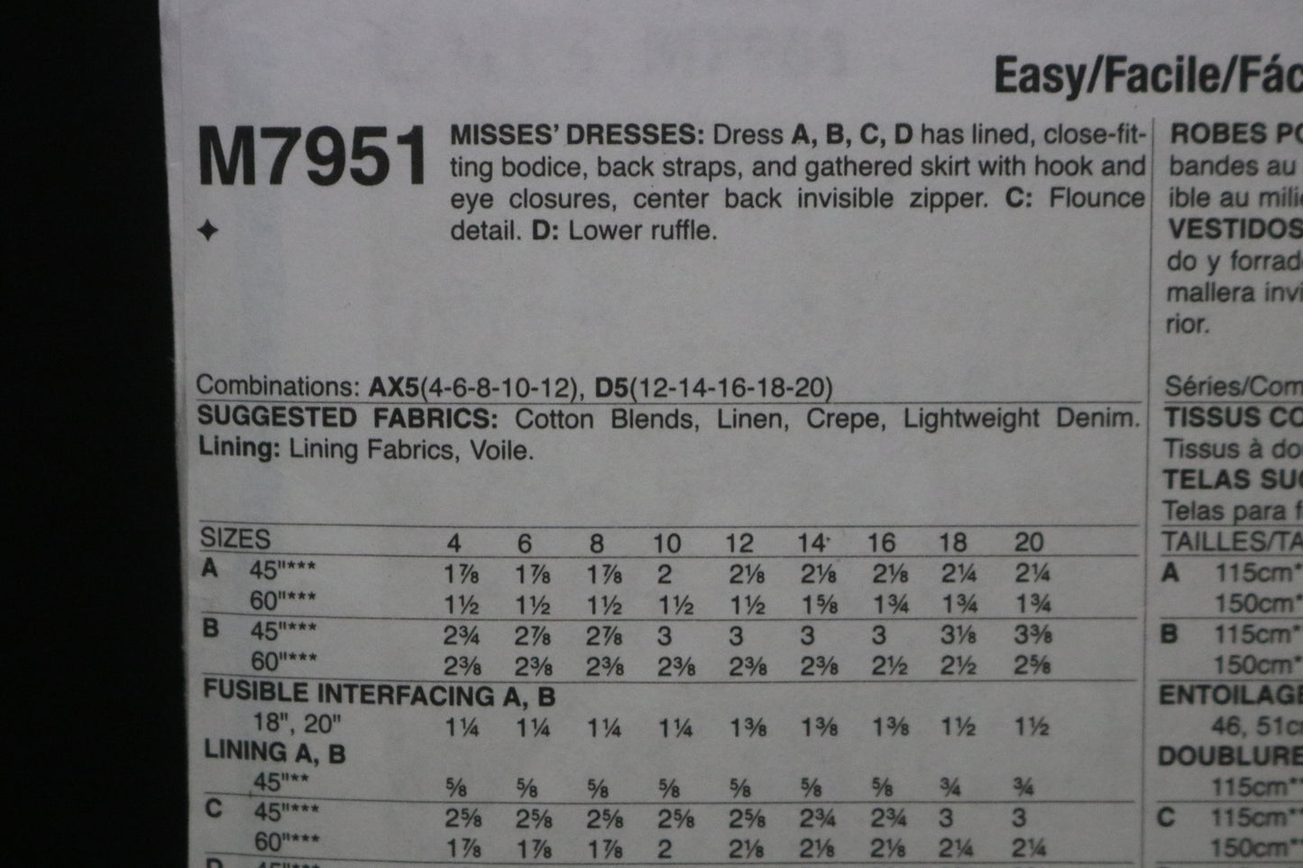 McCalls 7951 Misses Dresses Sewing Pattern - UNCUT - Size 4 6 8 10 12