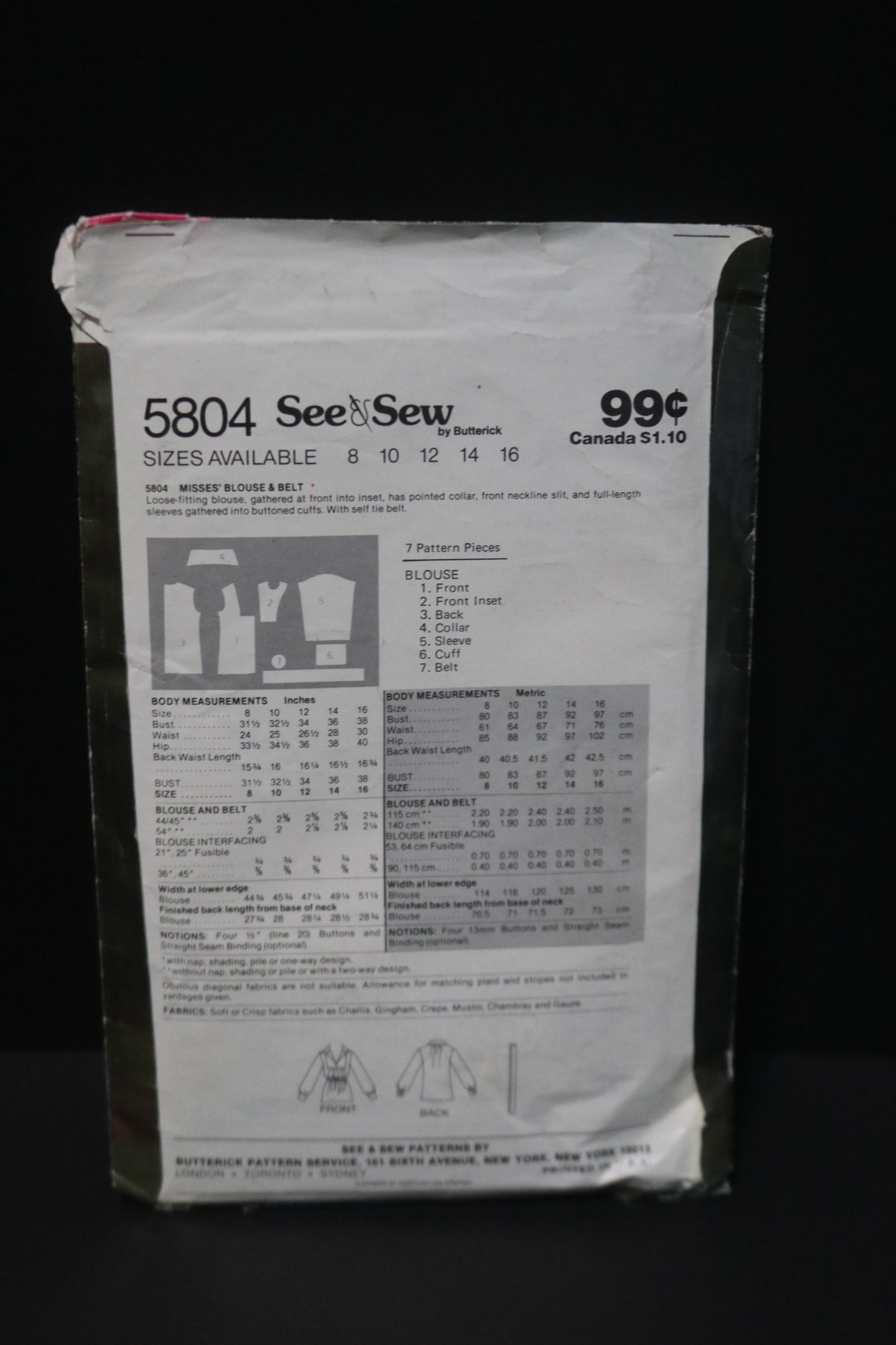 See and Sew 5804 Misses / Misses Blouse and Belt Sewing Pattern UNCUT Size 14