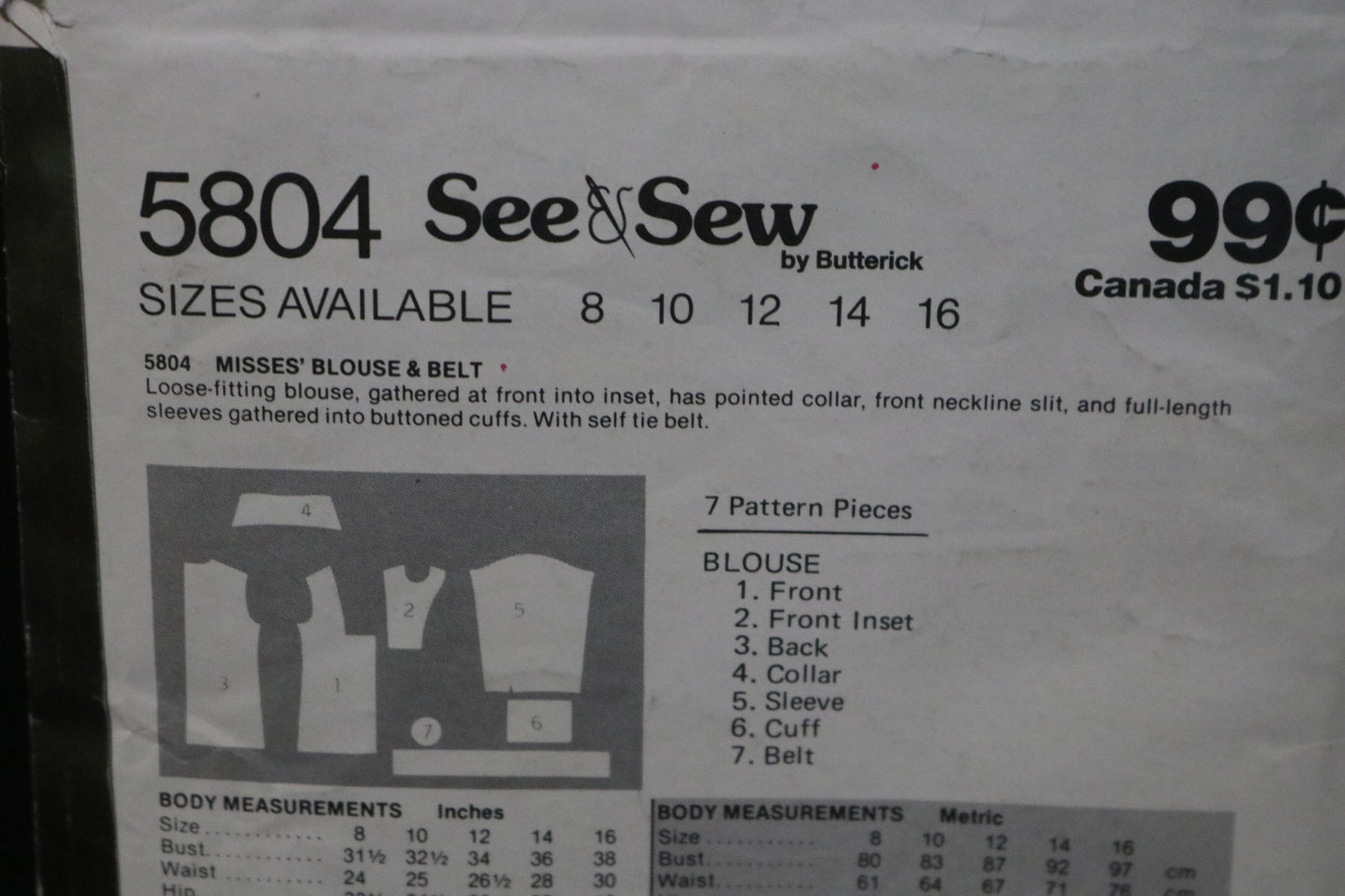 See and Sew 5804 Misses / Misses Blouse and Belt Sewing Pattern UNCUT Size 14