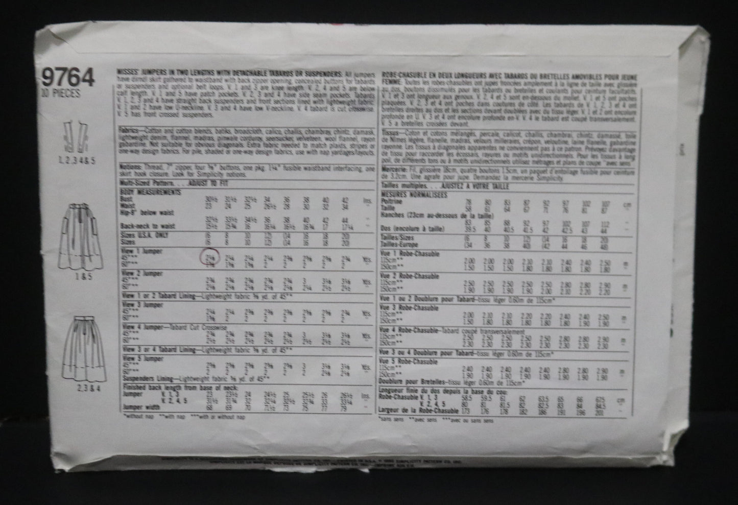 Simplicity 9764 Misses Jumpers in Two Lengths with detachable Tabards or Suspenders  Sewing Pattern - UNCUT - Size 6 - 12