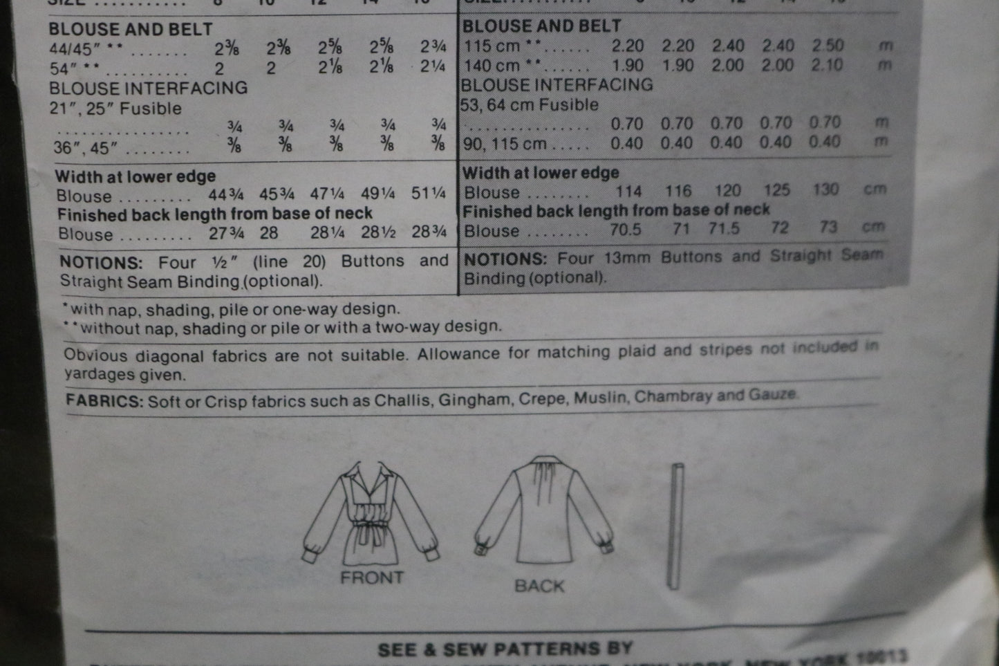 See and Sew 5804 Misses / Misses Blouse and Belt Sewing Pattern UNCUT Size 14