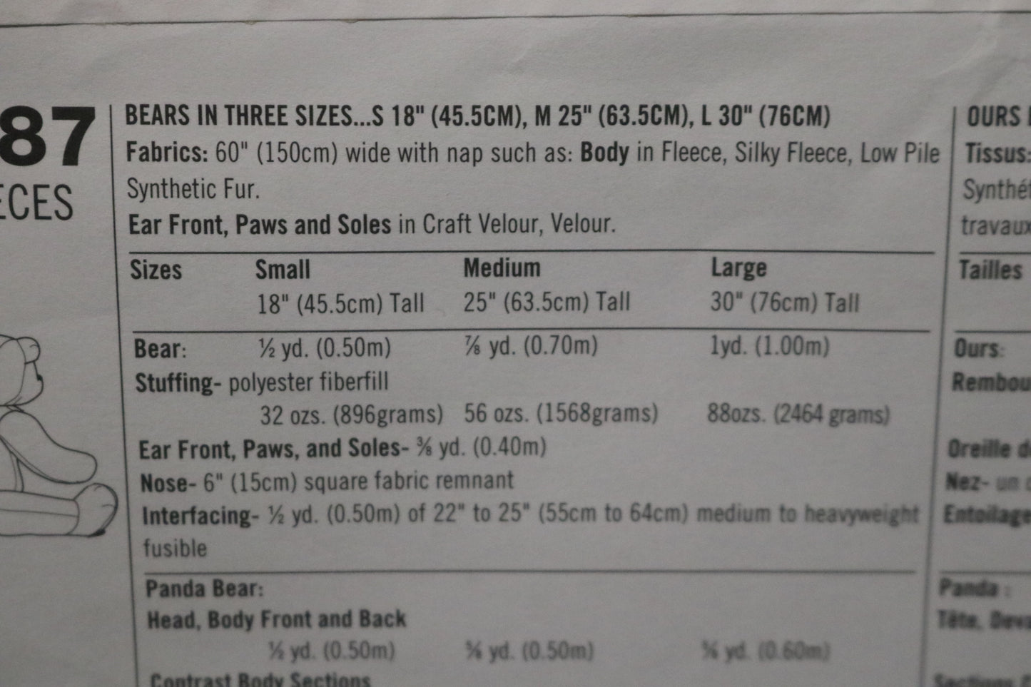 Simplicity 3787 Bears in Three Sizes S 18" M 25" and L 30" Sewing Pattern UNCUT