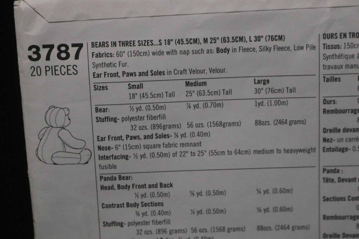 Simplicity 3787 Bears in Three Sizes S 18" M 25" and L 30" Sewing Pattern UNCUT