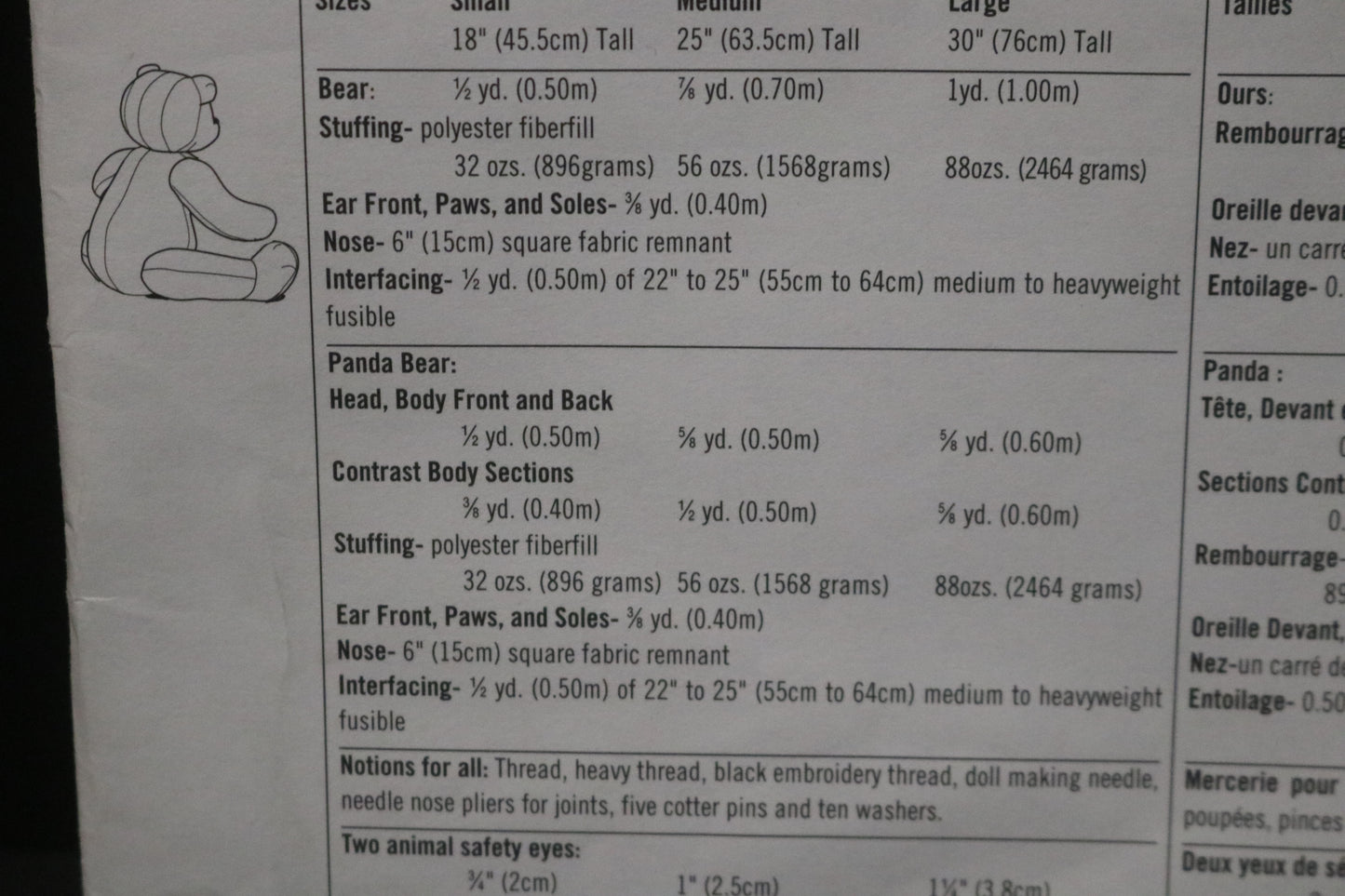 Simplicity 3787 Bears in Three Sizes S 18" M 25" and L 30" Sewing Pattern UNCUT