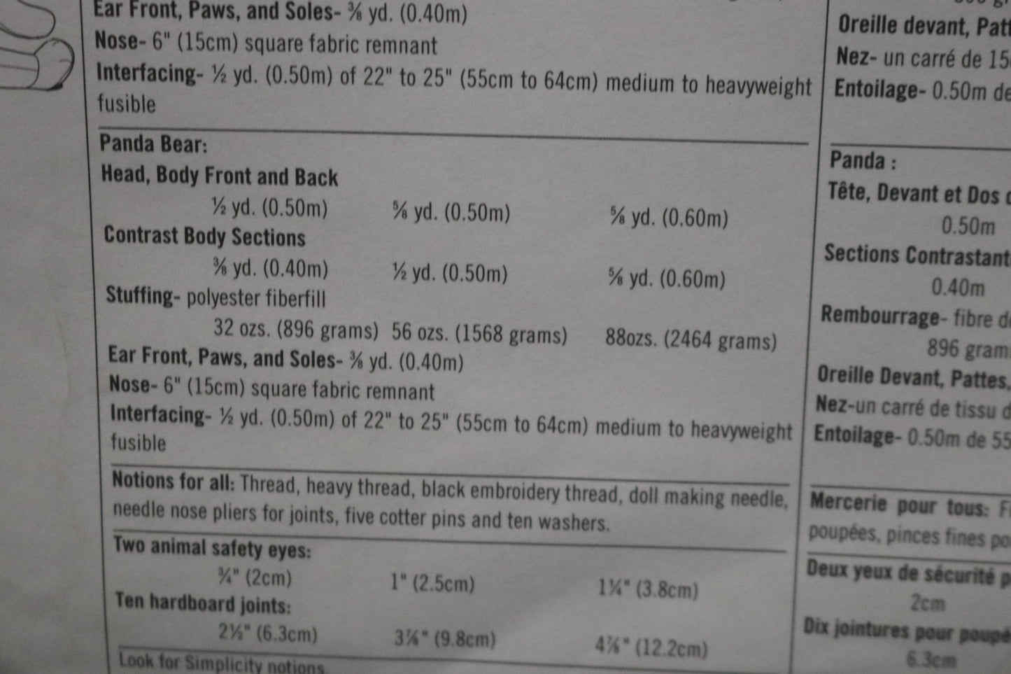 Simplicity 3787 Bears in Three Sizes S 18" M 25" and L 30" Sewing Pattern UNCUT