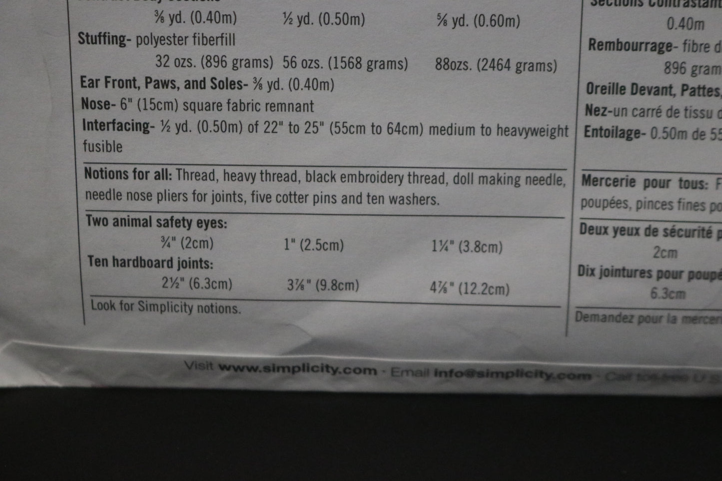 Simplicity 3787 Bears in Three Sizes S 18" M 25" and L 30" Sewing Pattern UNCUT