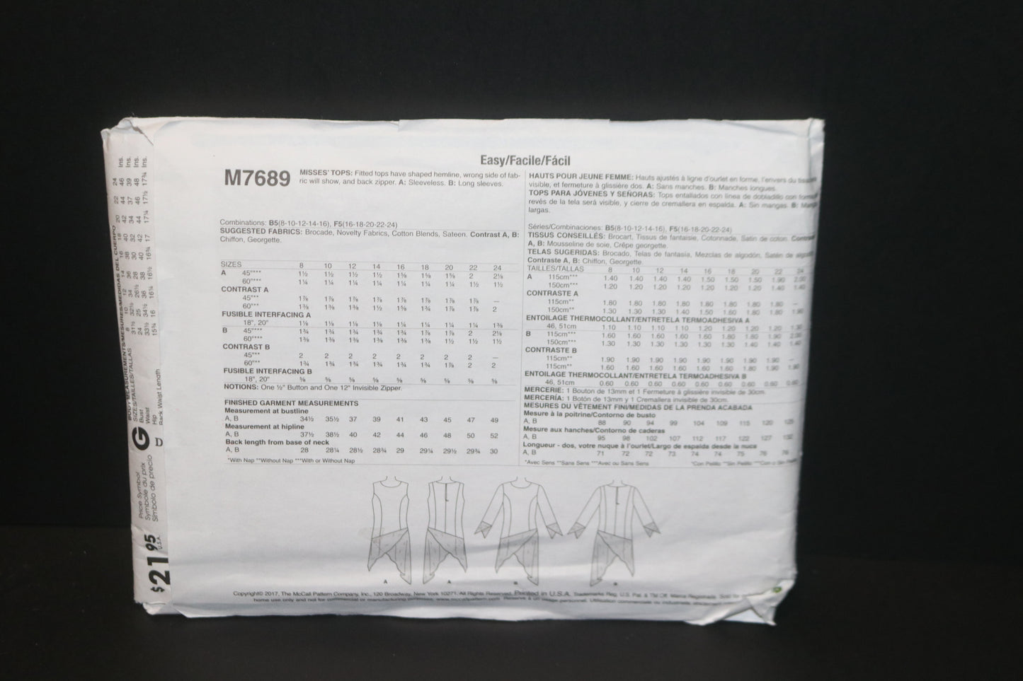 McCalls 7689 Misses Tops Sewing Pattern - UNCUT - Size 16 18 20 22 24