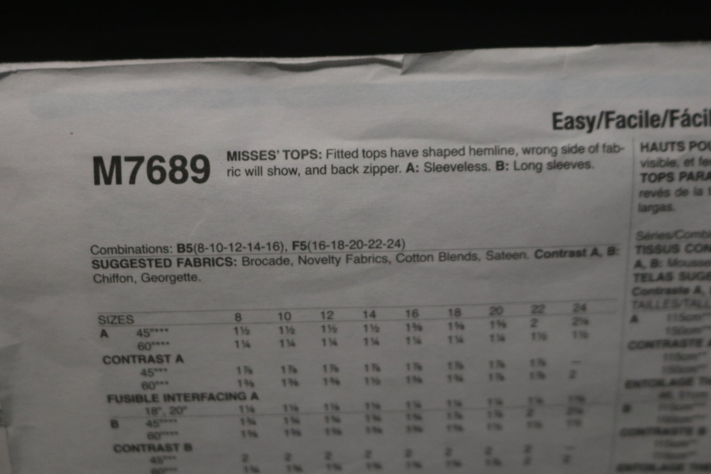 McCalls 7689 Misses Tops Sewing Pattern - UNCUT - Size 16 18 20 22 24