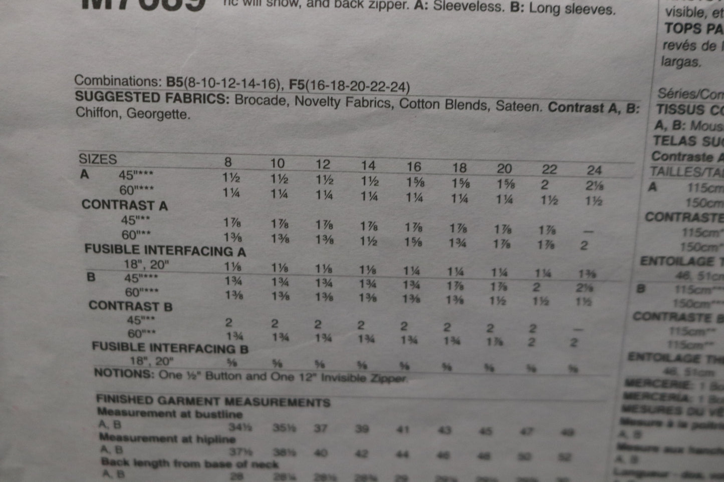 McCalls 7689 Misses Tops Sewing Pattern - UNCUT - Size 16 18 20 22 24