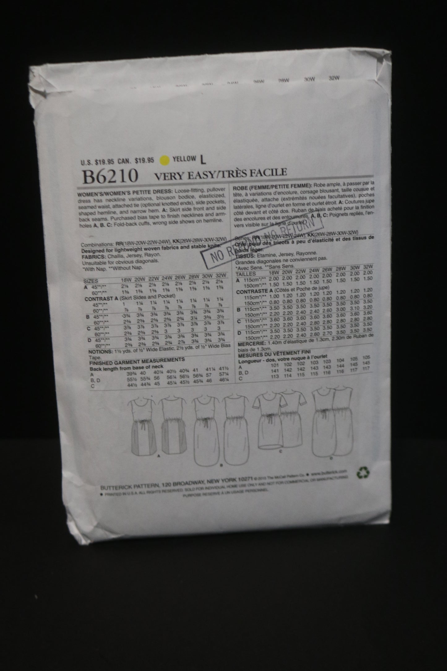 Butterick 6210 Womens / Womens Petite Dress Sewing Pattern UNCUT Size 26W 28W 30W 32W