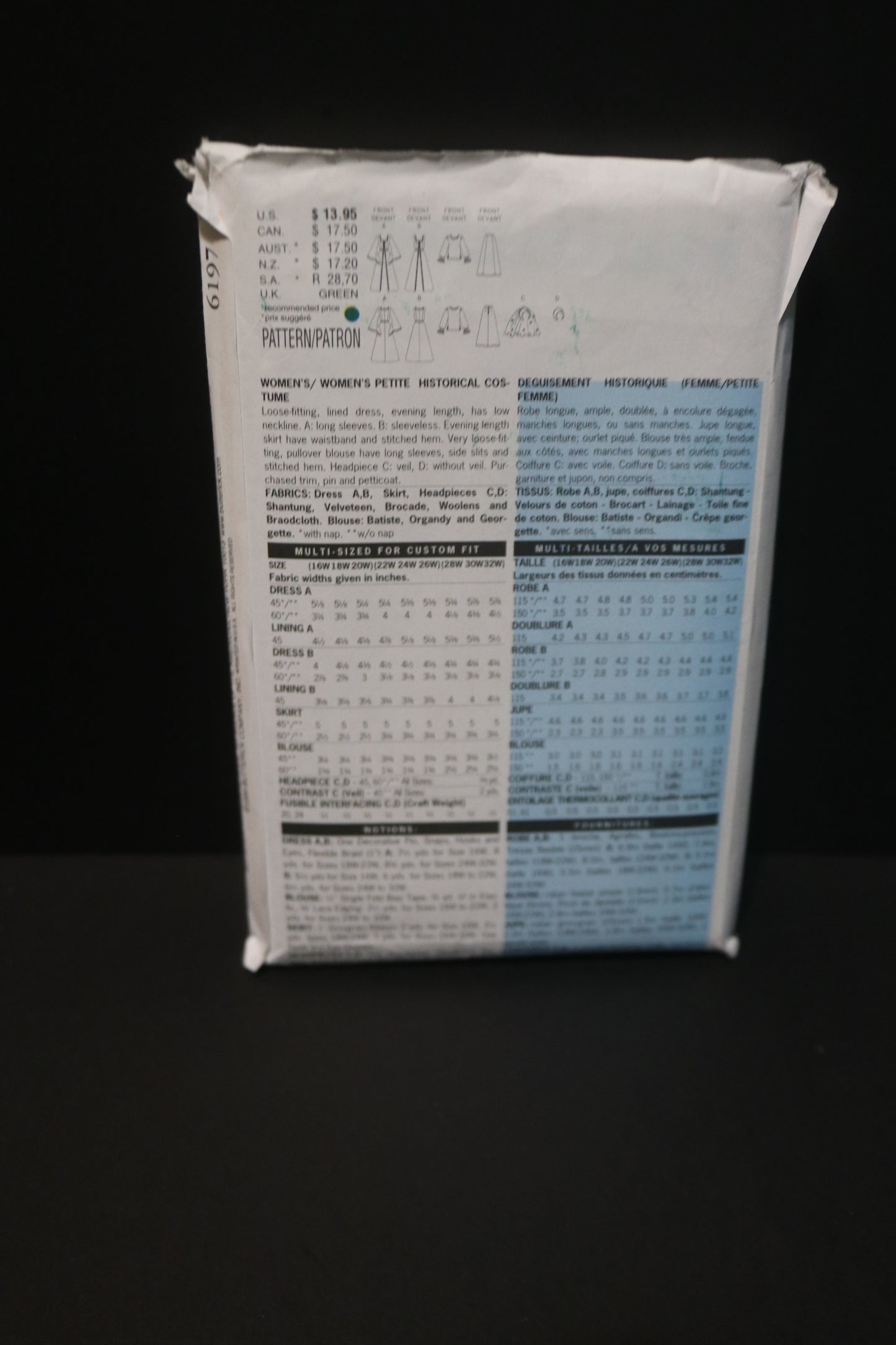 Butterick 6197 Making History Womens / Womens Petite Historical Costume Sewing Pattern UNCUT  Size 16w 18w 20w