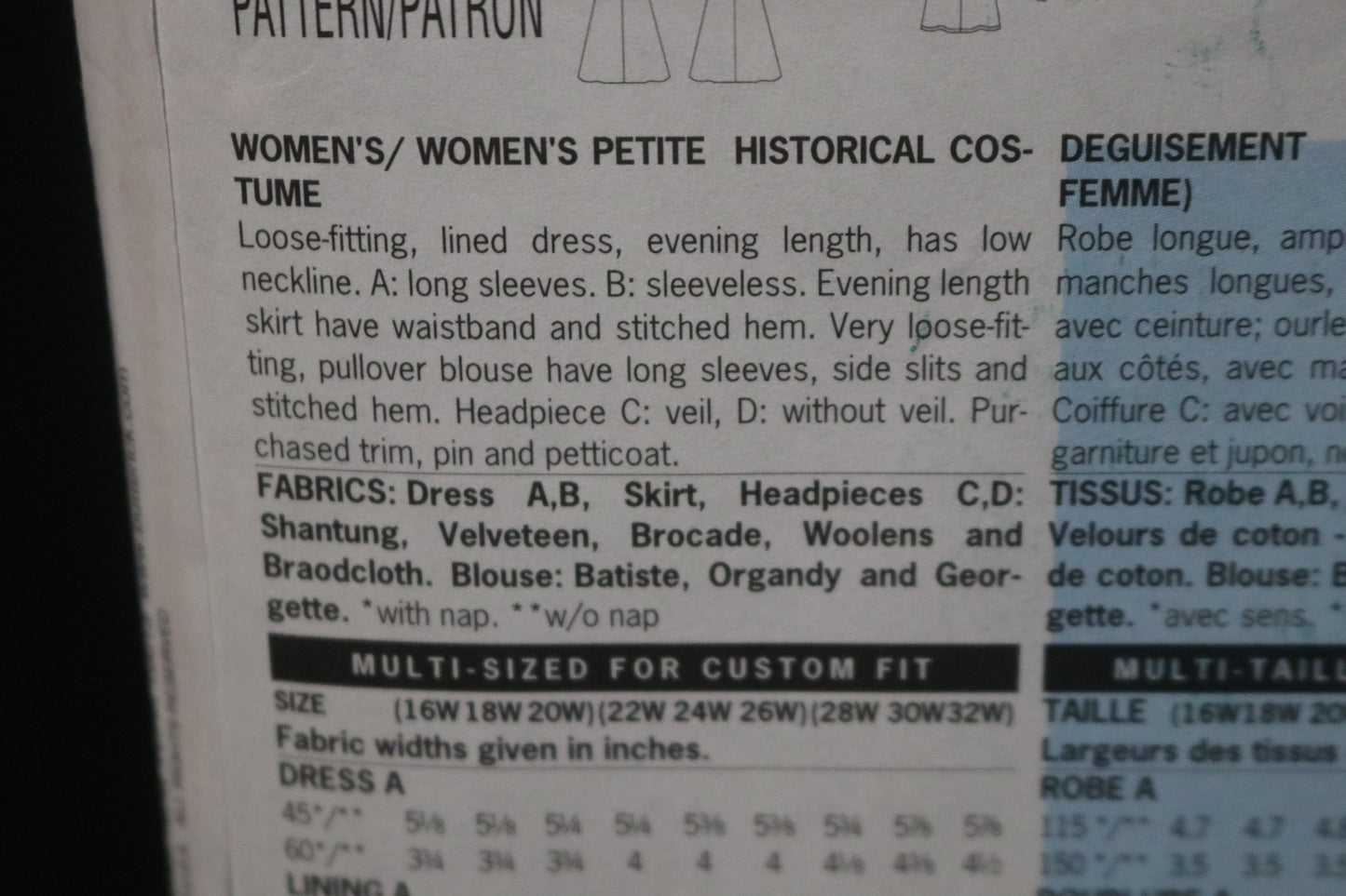 Butterick 6197 Making History Womens / Womens Petite Historical Costume Sewing Pattern UNCUT  Size 16w 18w 20w