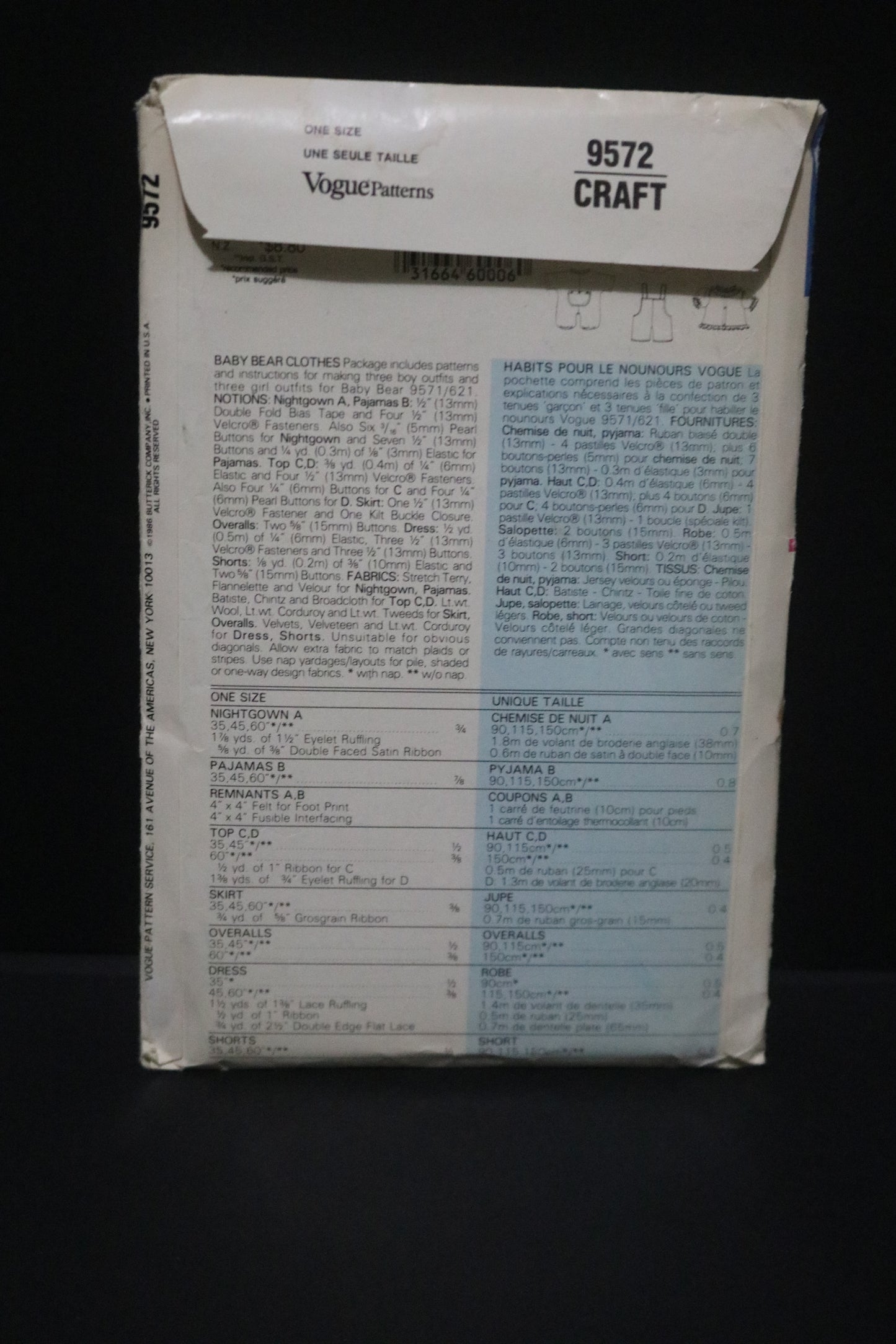 Vogue 9572 Linda Carr Baby Bear Clothes Sewing Pattern UNCUT