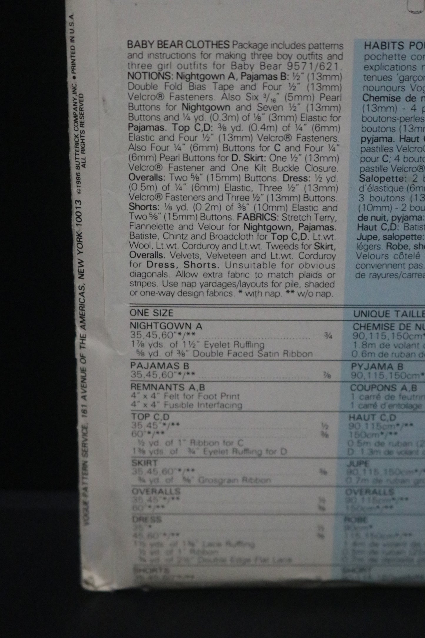 Vogue 9572 Linda Carr Baby Bear Clothes Sewing Pattern UNCUT