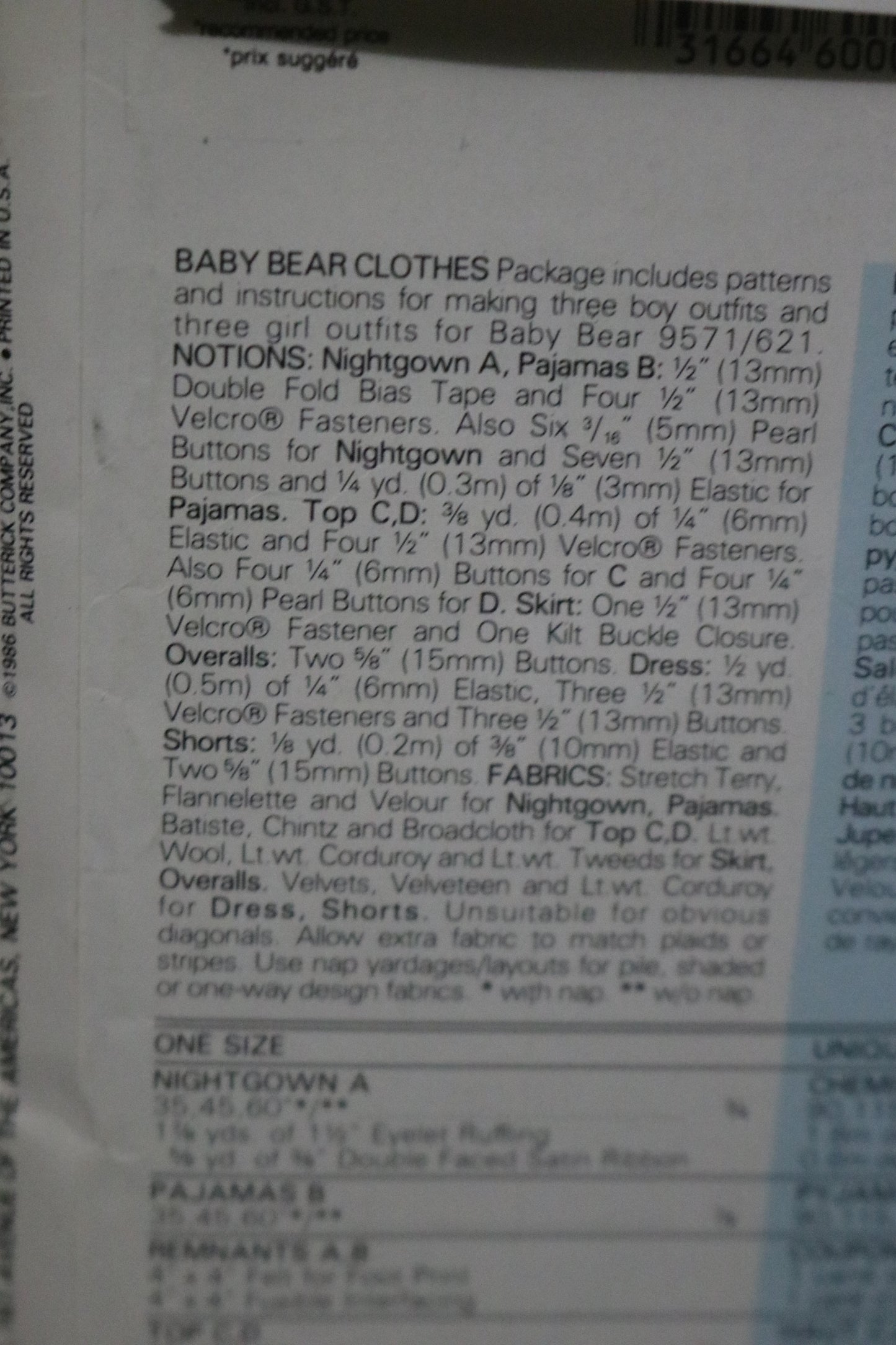 Vogue 9572 Linda Carr Baby Bear Clothes Sewing Pattern UNCUT