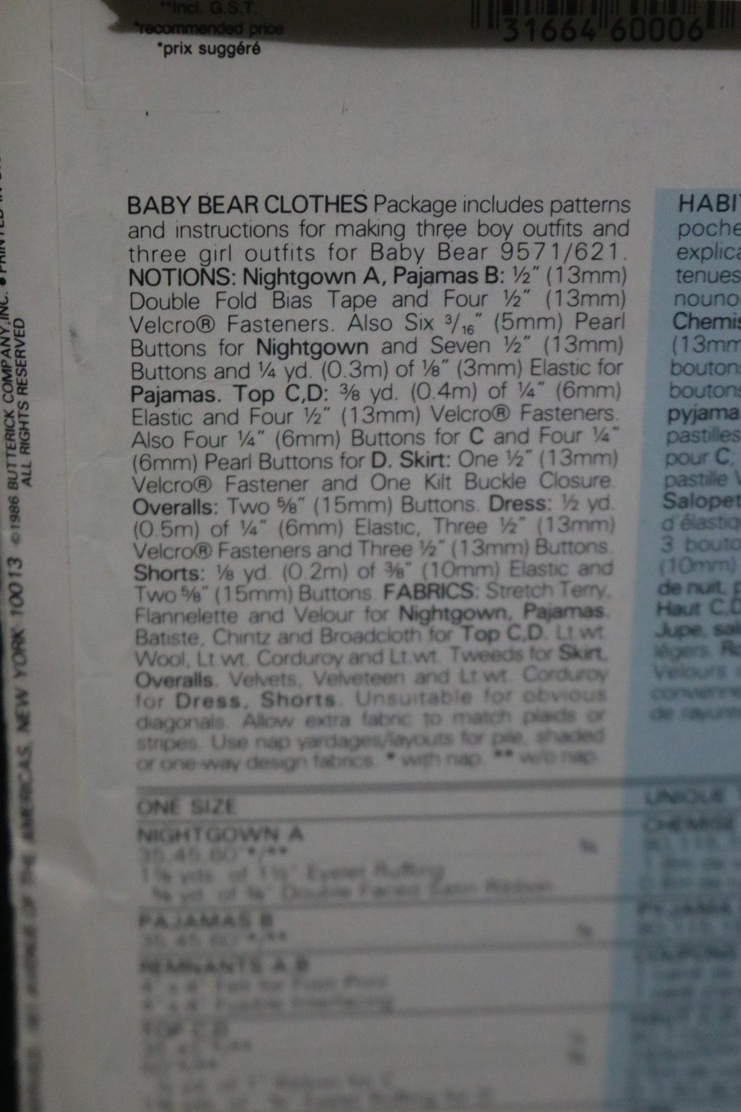 Vogue 9572 Linda Carr Baby Bear Clothes Sewing Pattern UNCUT