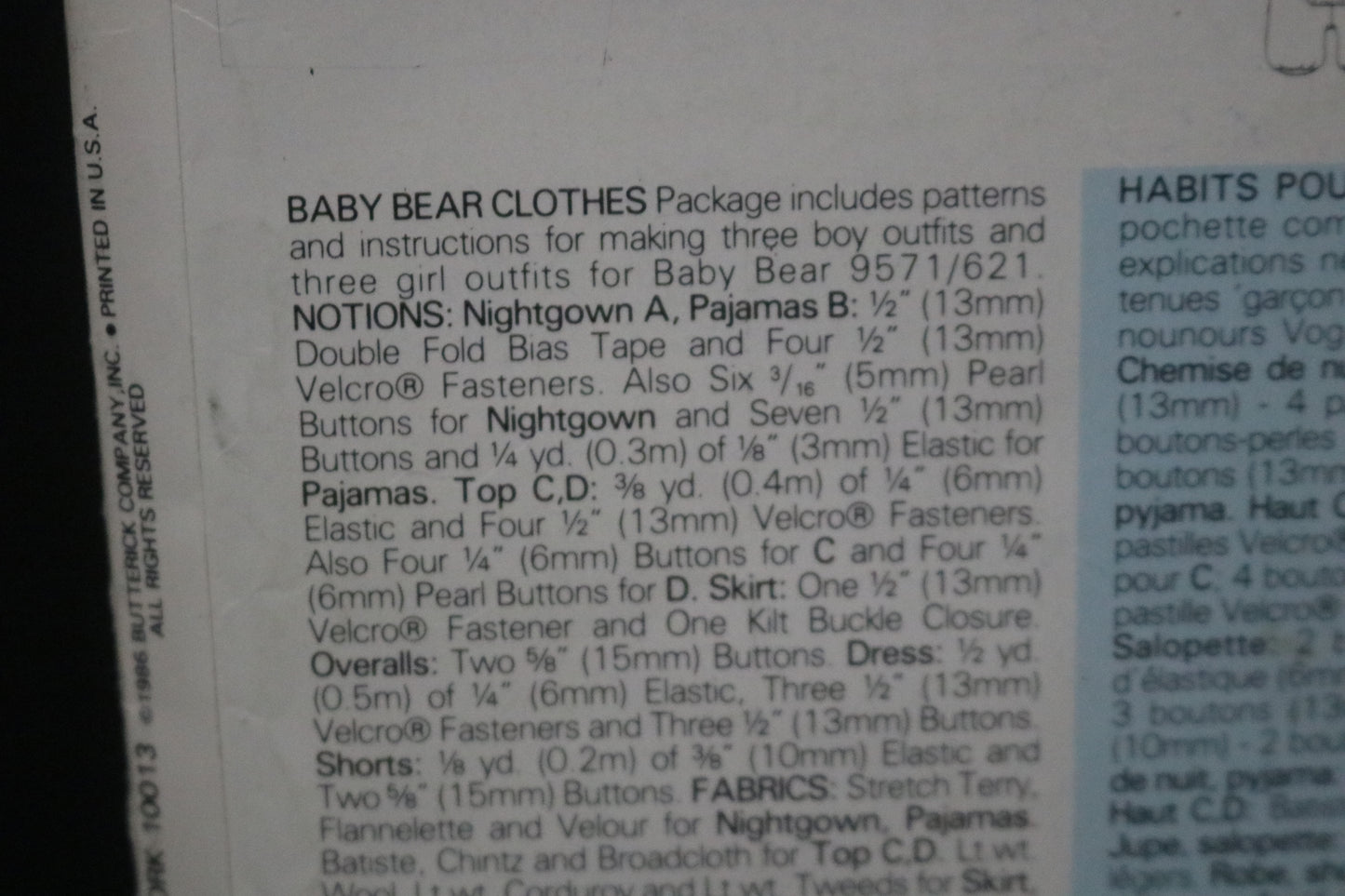 Vogue 9572 Linda Carr Baby Bear Clothes Sewing Pattern UNCUT