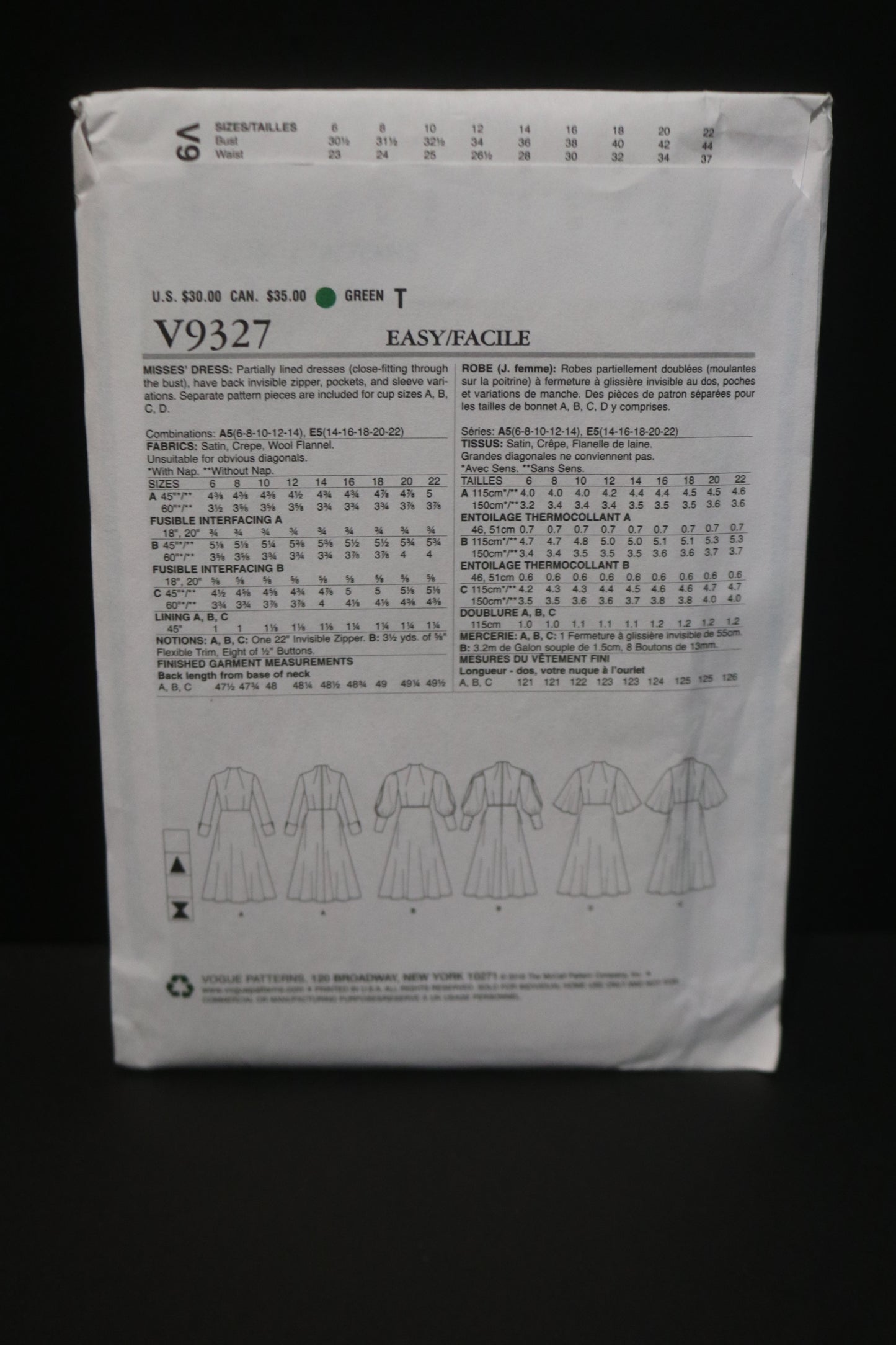 Vogue 9327 Misses Dress Sewing Pattern - UNCUT - Size 6 8 10 12 14