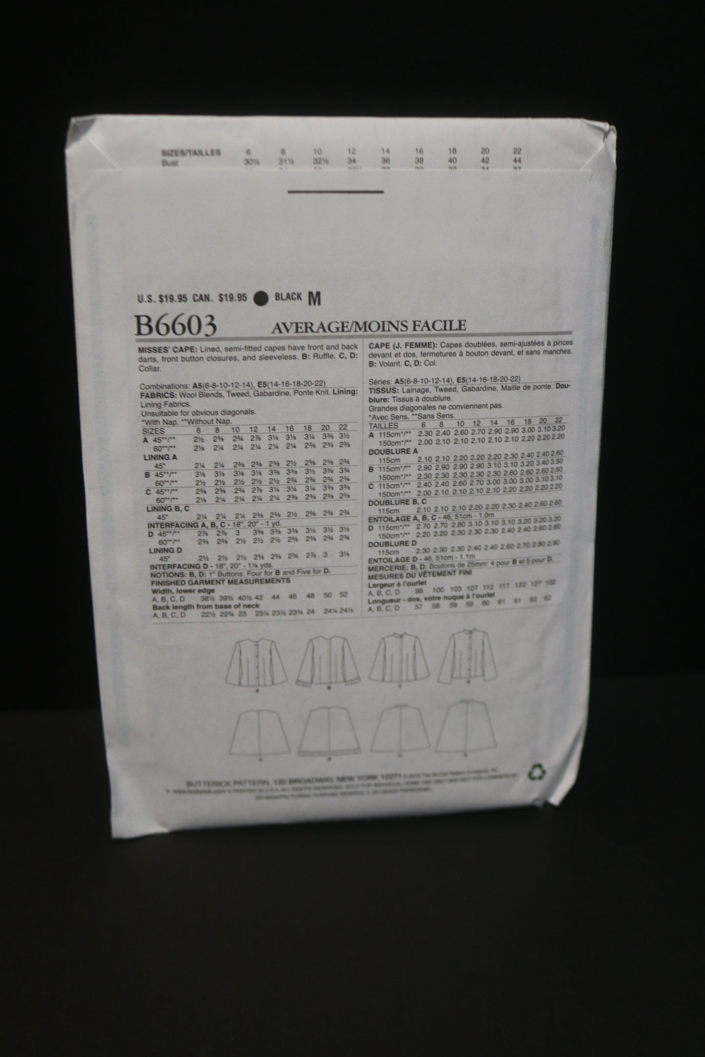 Butterick 6603 Misses Cape Sewing Pattern  - UNCUT - Size 6 8 10 12 14