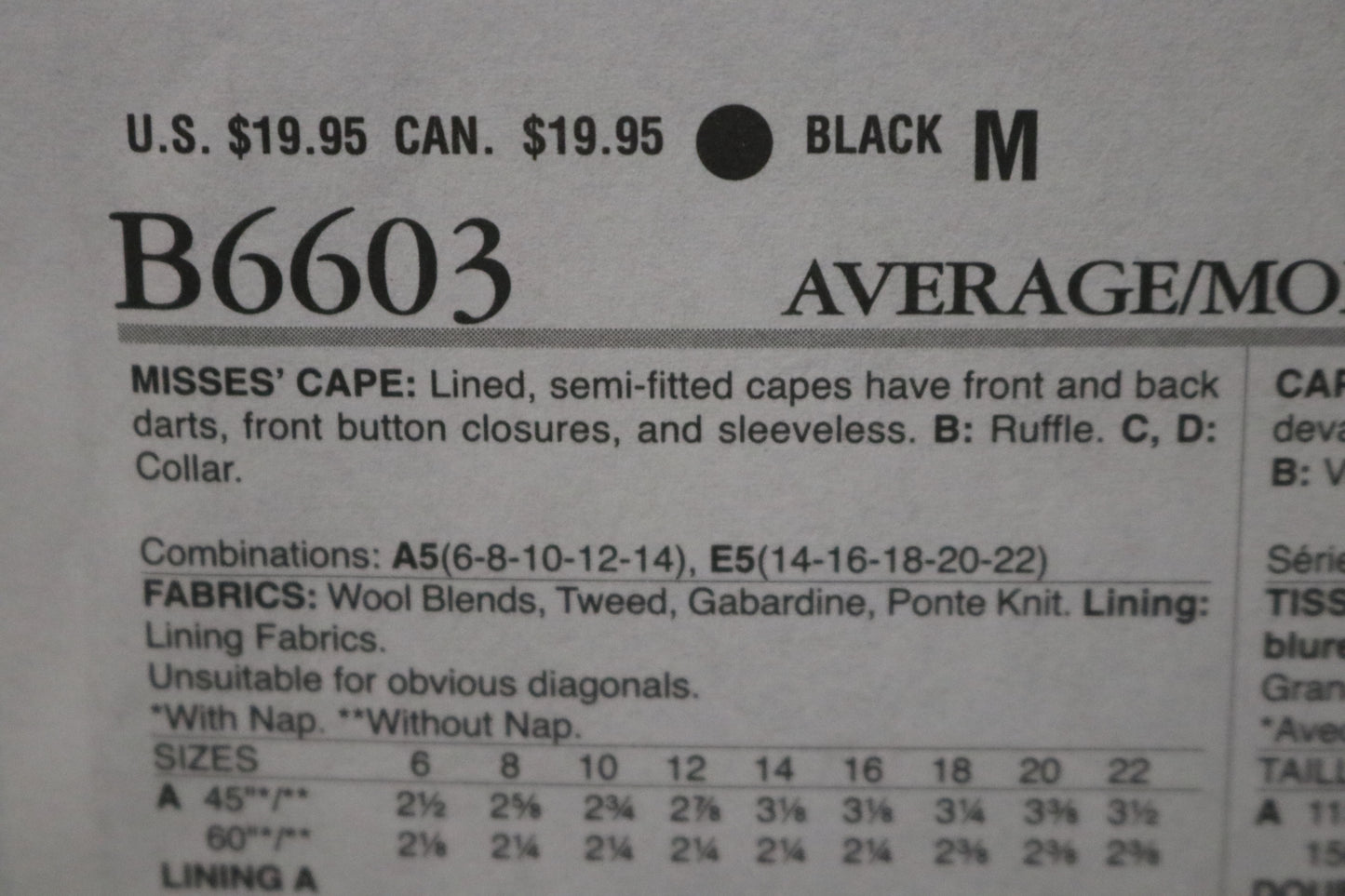 Butterick 6603 Misses Cape Sewing Pattern  - UNCUT - Size 6 8 10 12 14