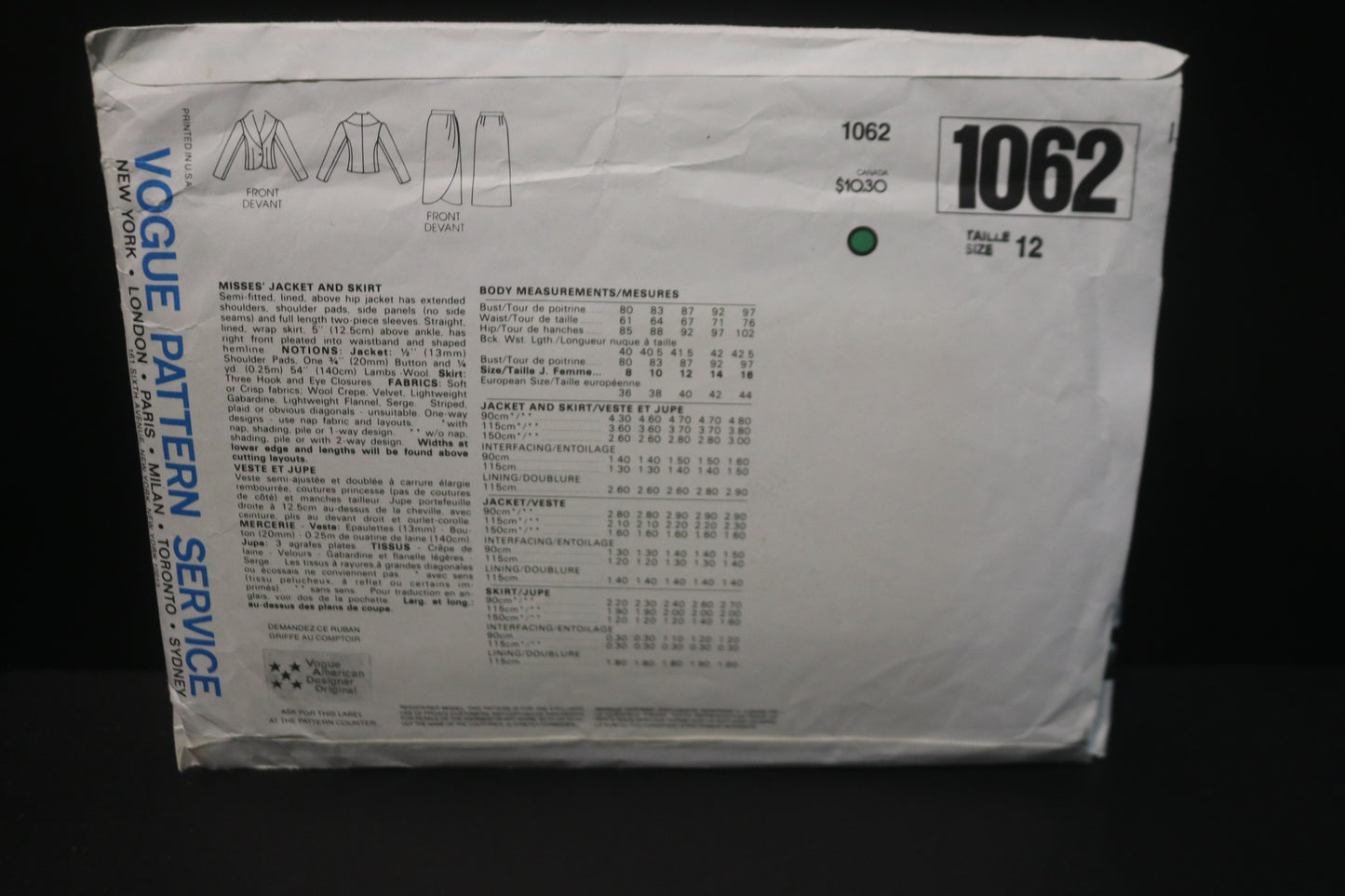 Vogue 1062 Calvin Klein American Designer Misses Jacket and Skirt Sewing Pattern - UNCUT - Size 12