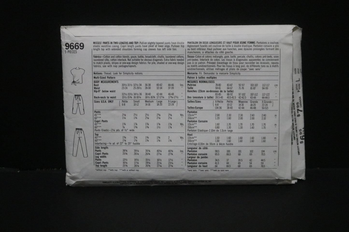 Simplicity 9669 Misses Pants in Two Lengths and Top Sewing Pattern UNCUT Size Petite - XL