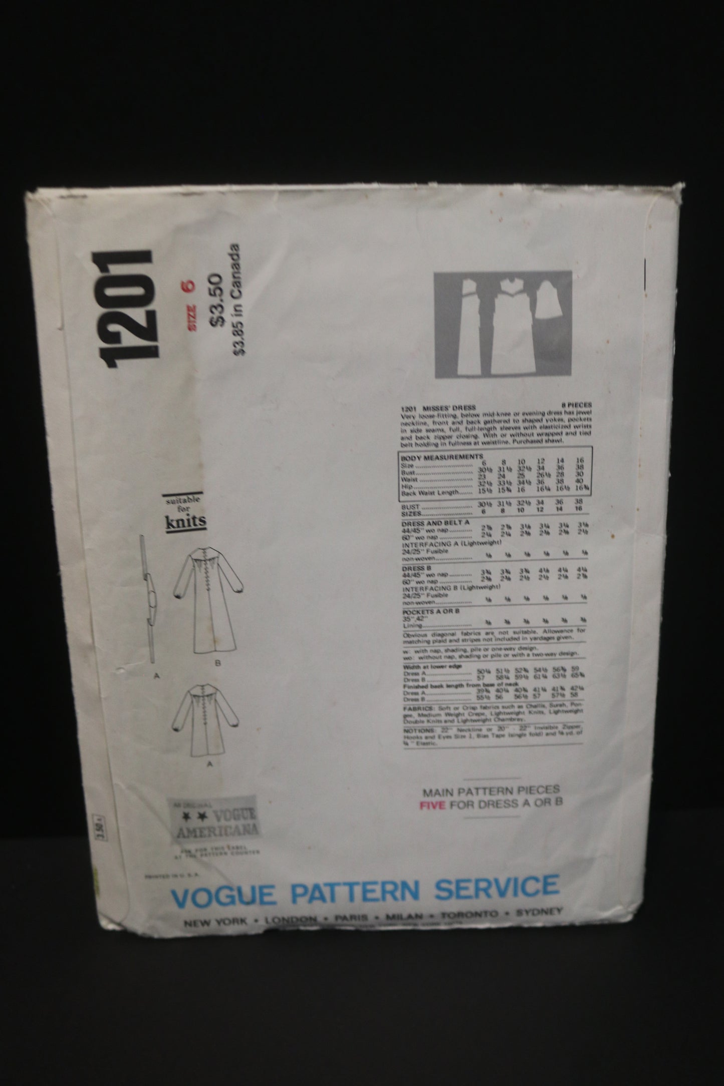 Vogue 1201 Leo Narducci Misses Dress Sewing Pattern - UNCUT - Size 6
